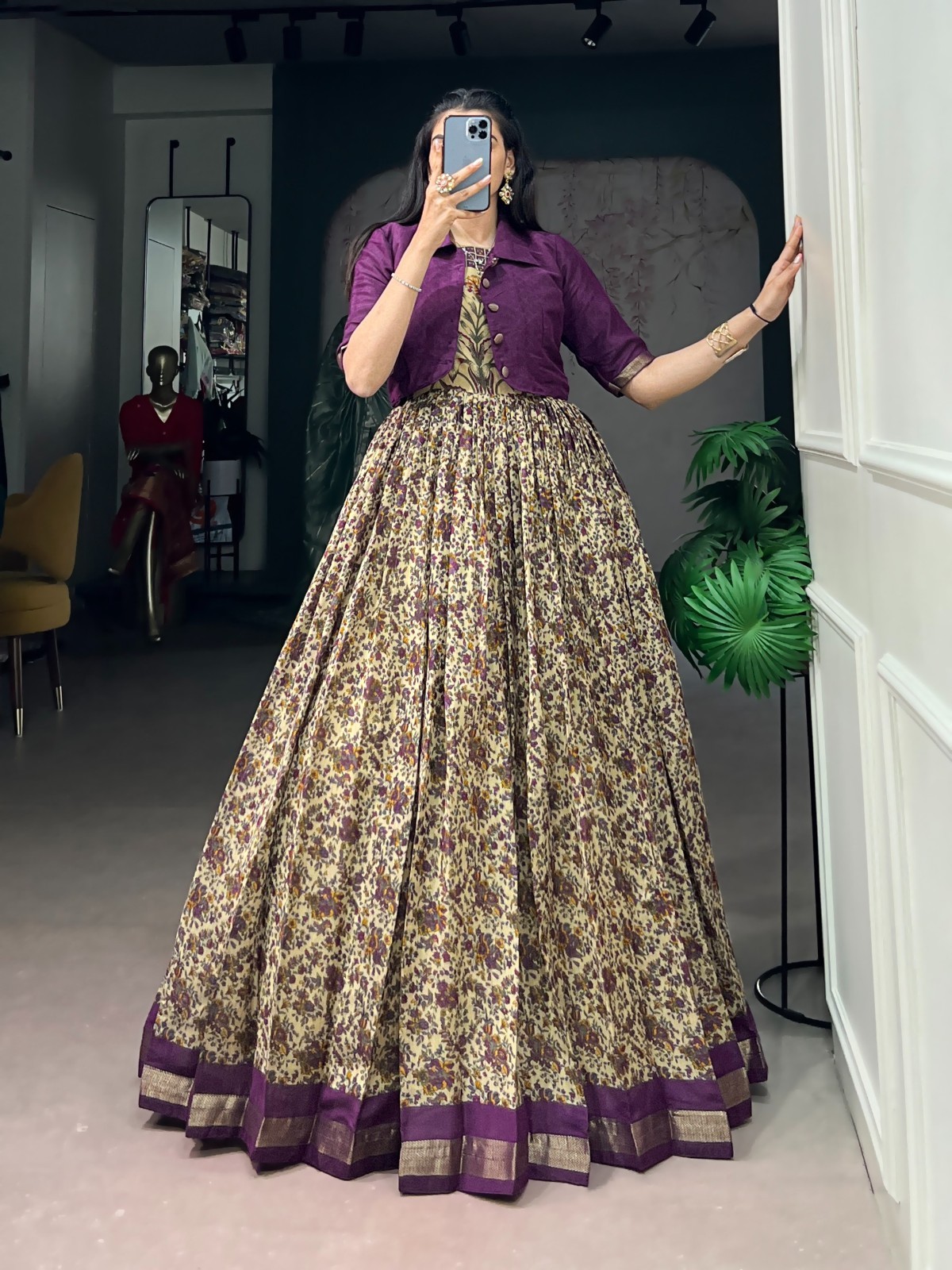 Chanderi Cotton Anarkali Dress with Koti Printed Zari Weaving Party Wedding