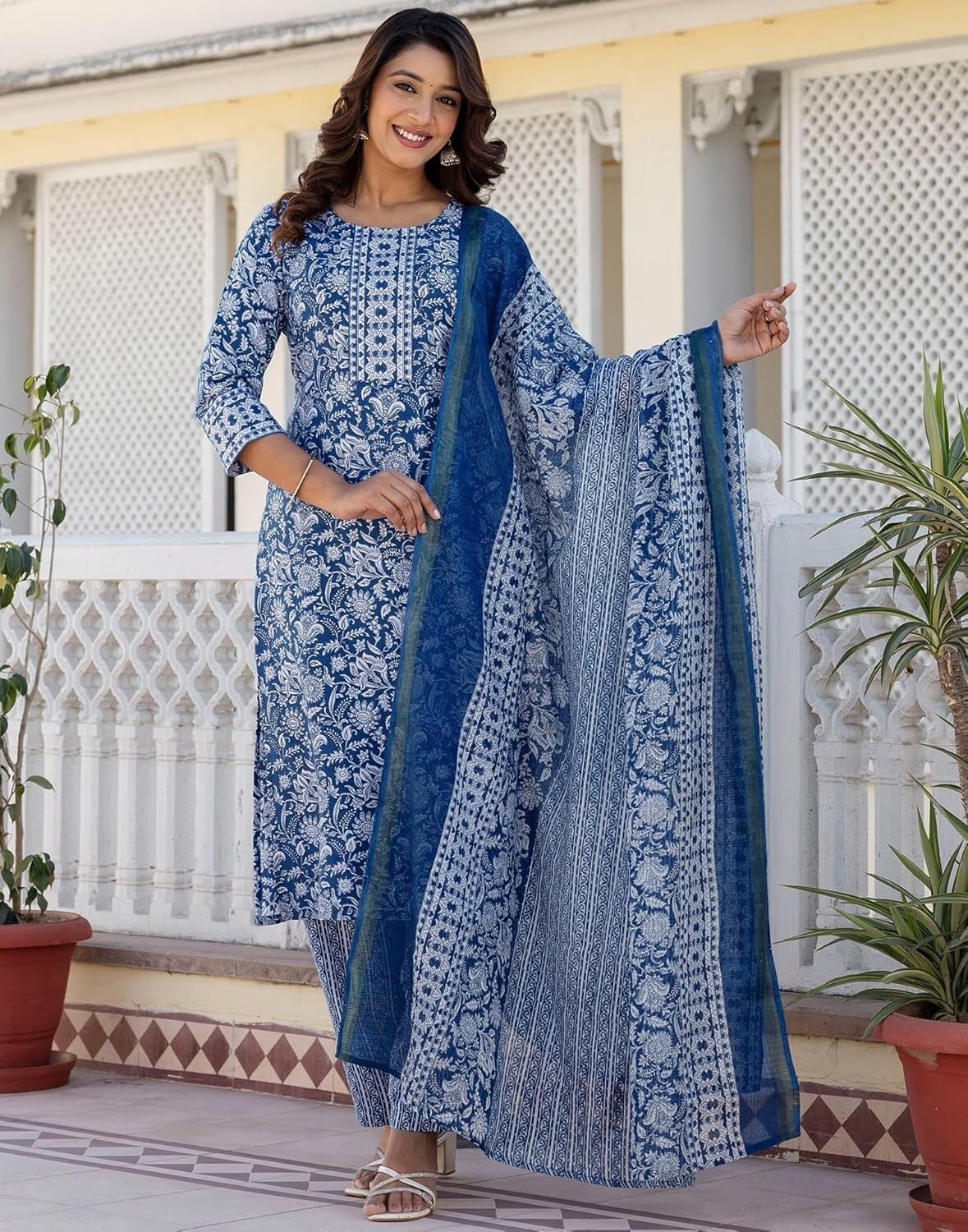 Women’s Cotton Printed Straight Kurta with Pant & Dupatta Set