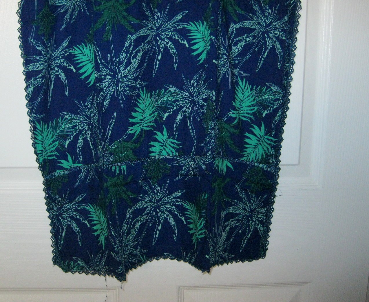 New 2 Pc Pakistani Print Lawn Kurti Trousers Suit Scalloped Trim Navy Palm XL