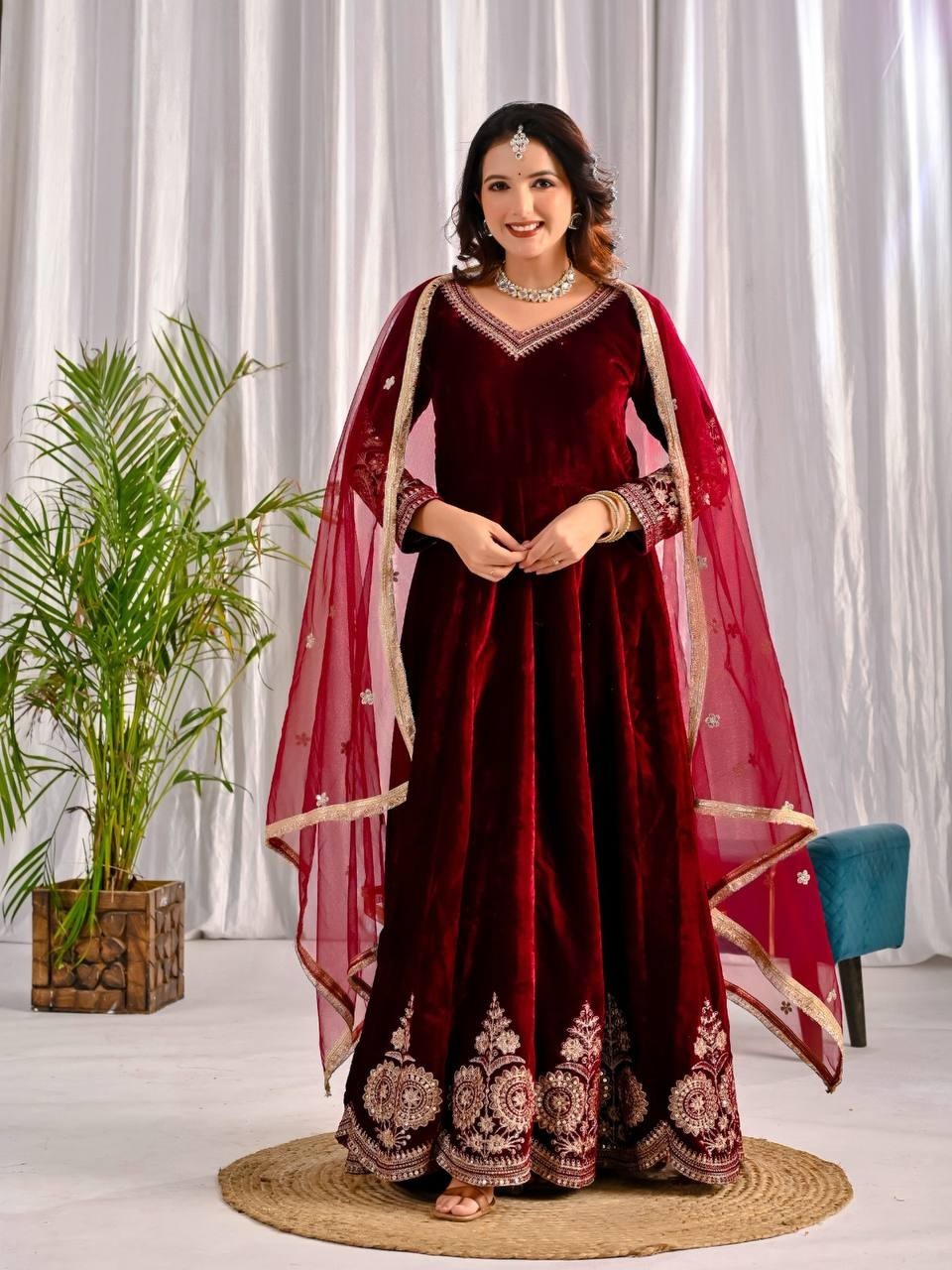 Beautiful Maroon Viscose Velvet Anarkali Suit With Net Dupatta For Wedding