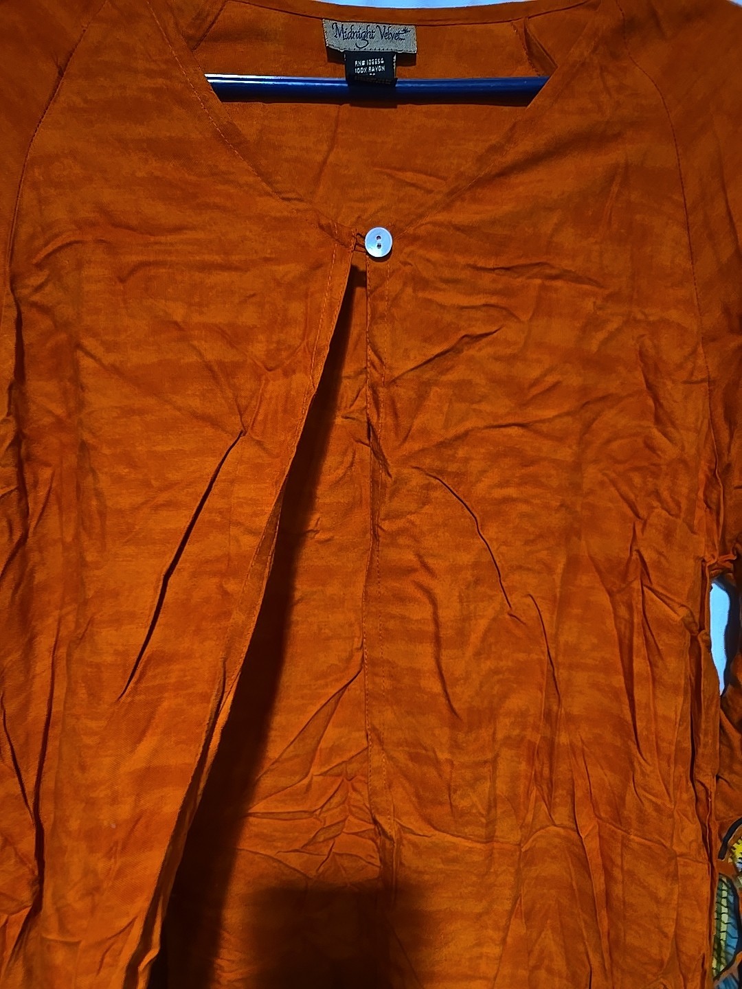 Orange coveup/jacket with Button Detail Lg Tribal Print 100%rayon