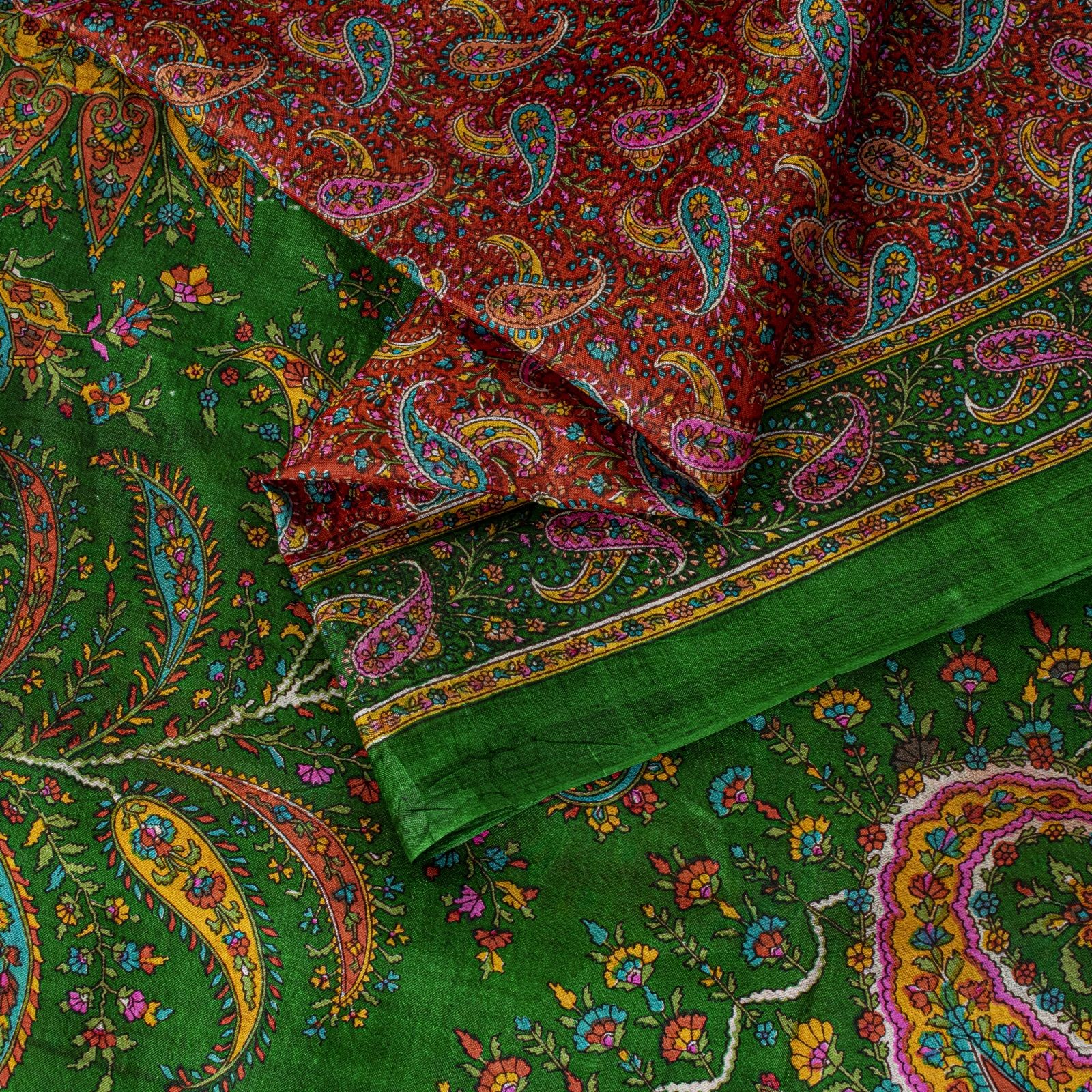 Sanskriti Vintage Saree Red Soft 100% Pure Silk Paisley Print Sari 5.5+Yd Fabric