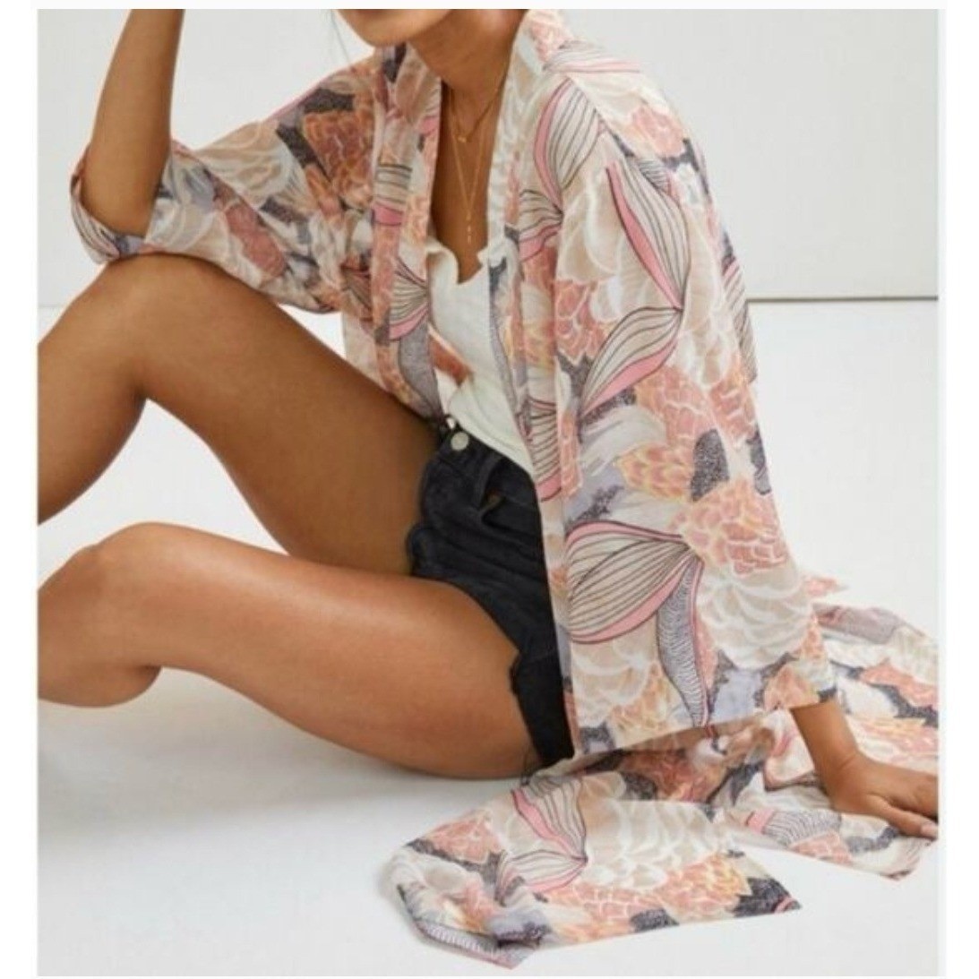 Anthropologie Neutral Floral Sheer Kimono Duster Coverup One Size Lightweight