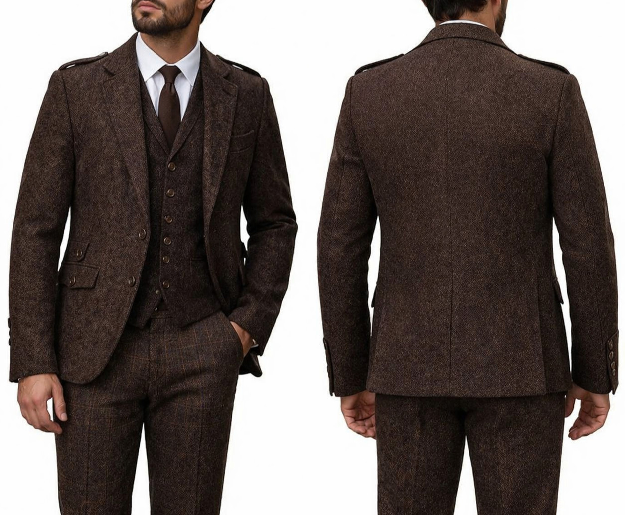 Men’s Brown Tweed Argyle Jacket with Vest Scottish Wedding Highland Outfit