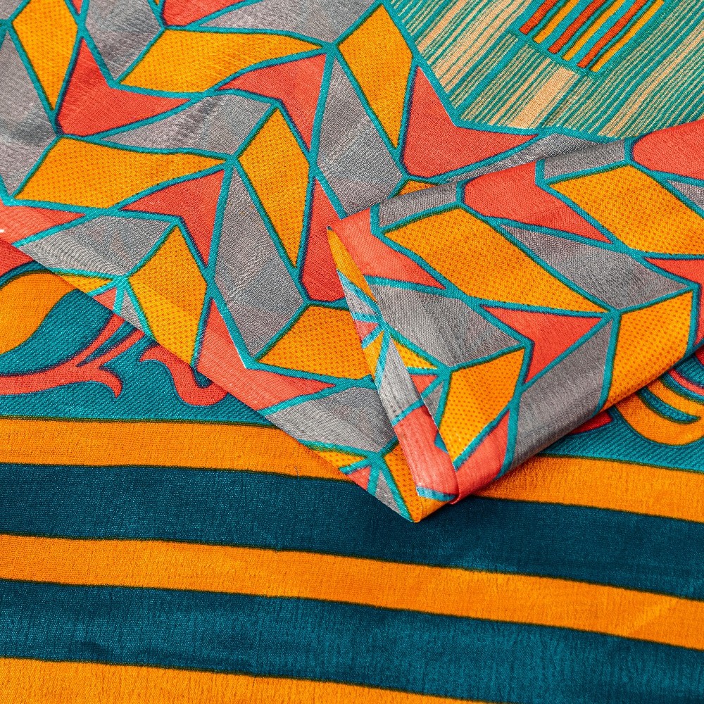 Sanskriti Vintage Blue Moss Crepe Sarees Floral Printed Indian 5+Yd Craft Fabric