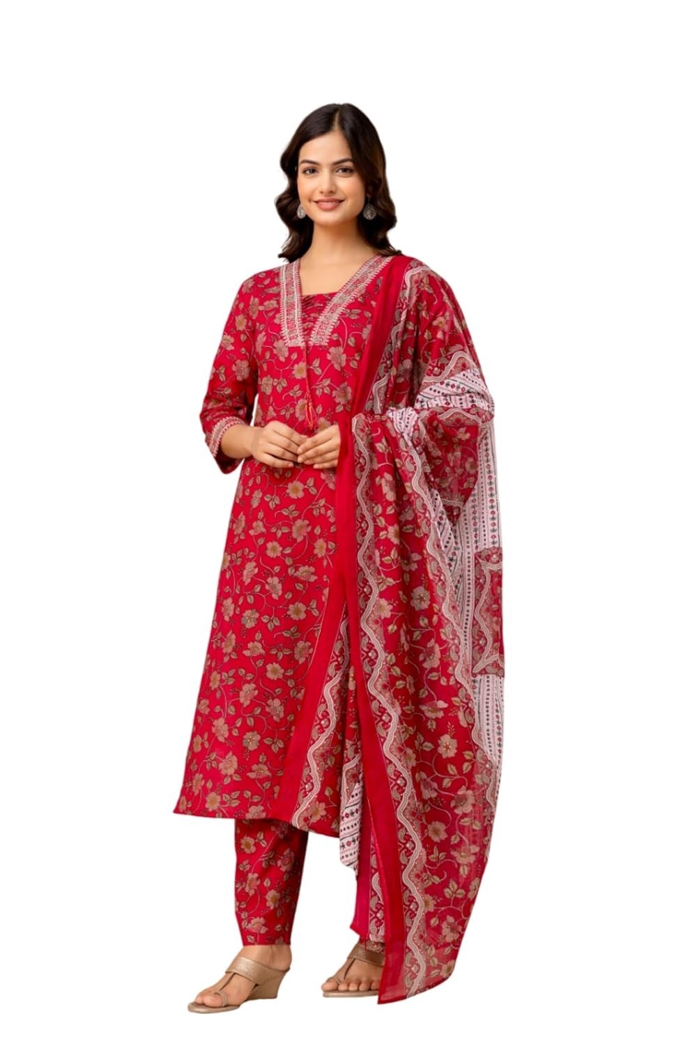 Women’s Pure Cotton Printed with Handwork Kurta with Pants and Dupatta Set