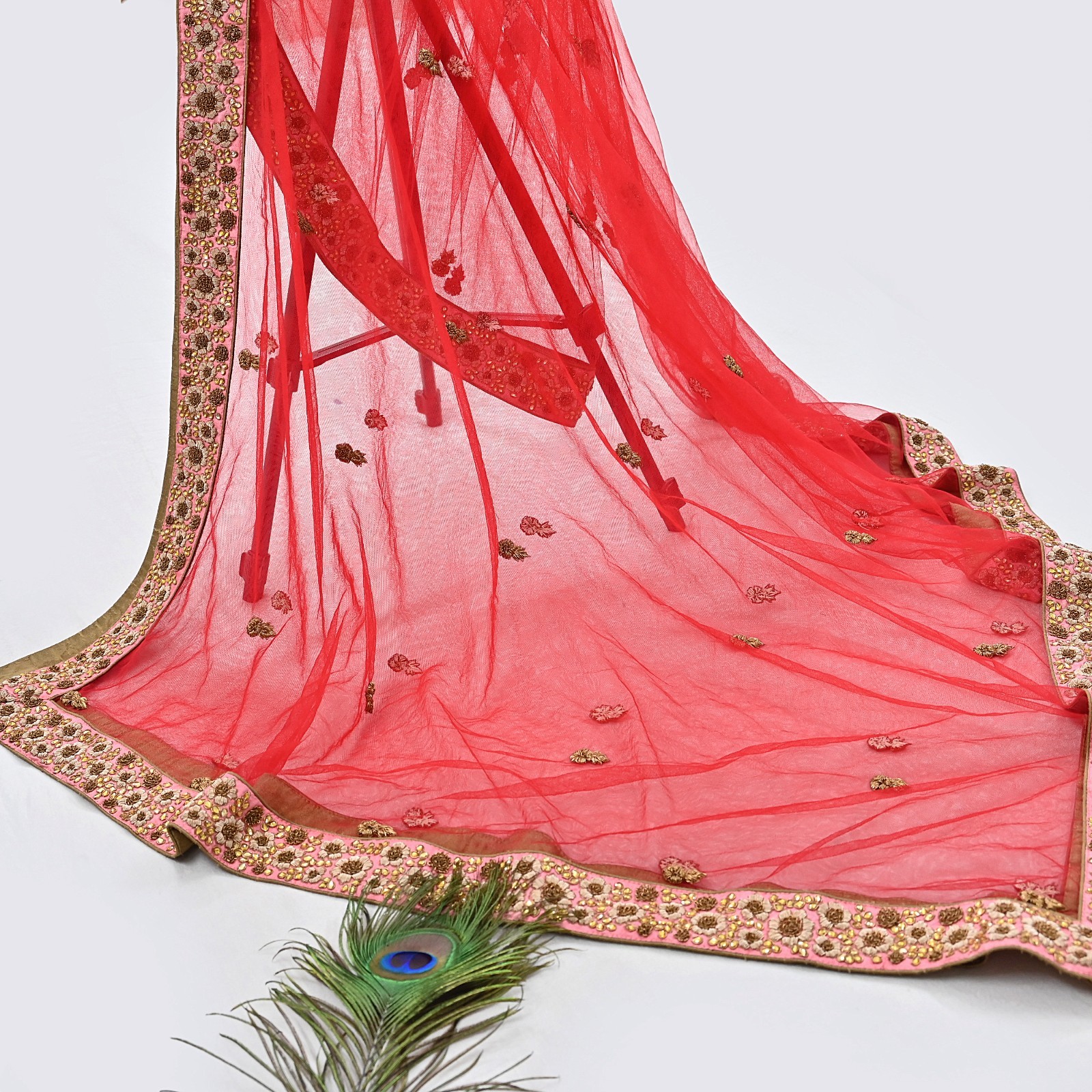 Indian Heavy Pink Red Raw Silk & Net Hand Embroidered Designer Lehenga 3pcs Set