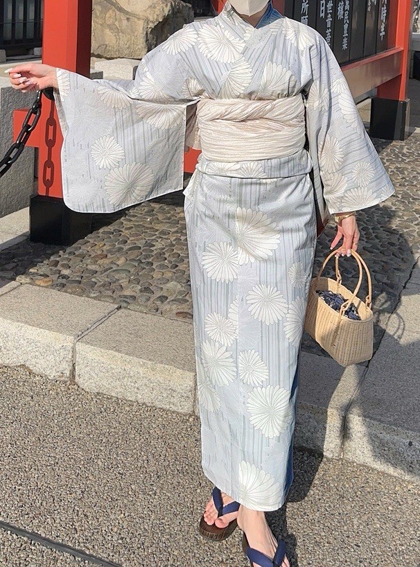 Authentic Japanese Yukata Set Retro Modern Cotton Robe Blue Stripe Chrysanthemum