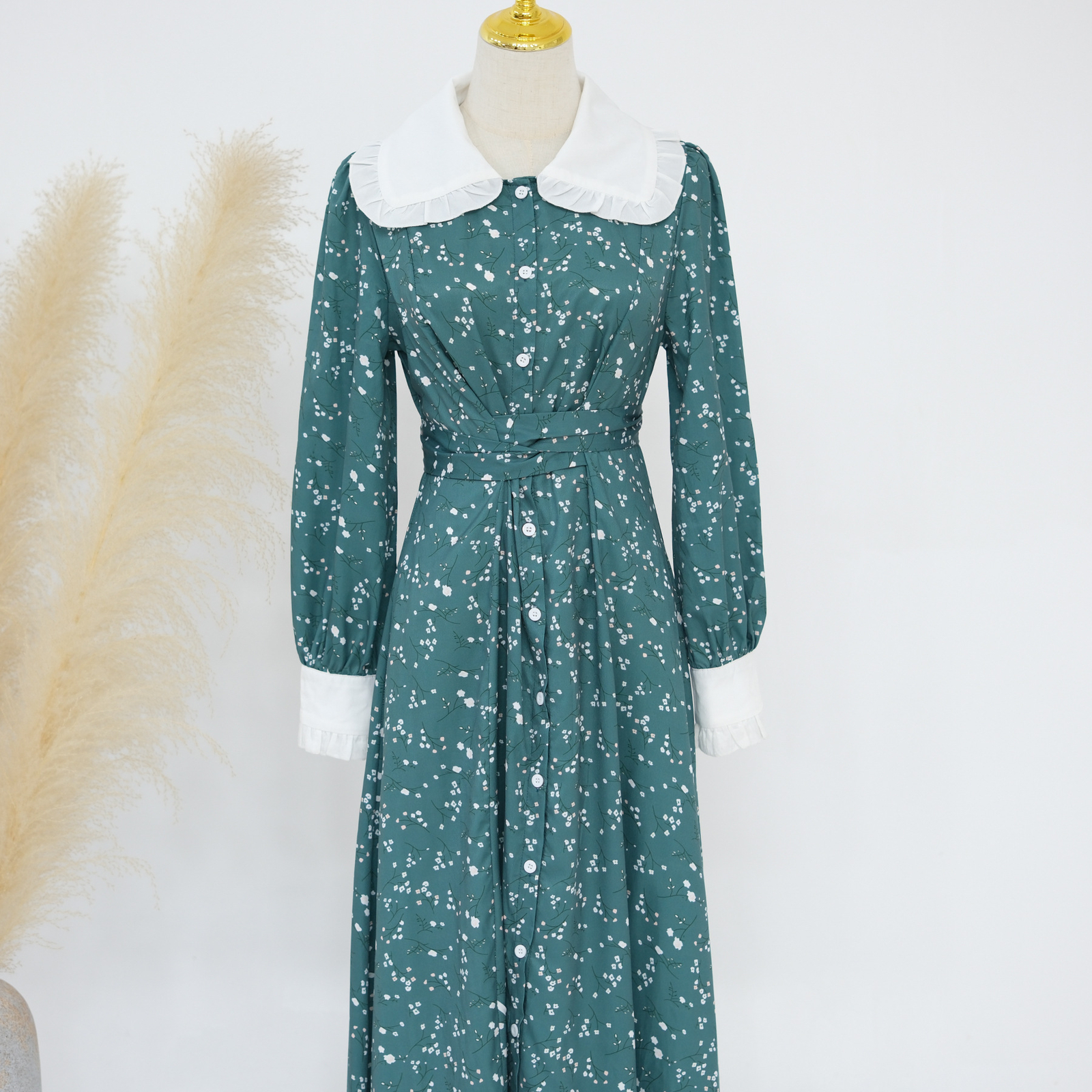 Women Green Print Dress Doll Neck High Waist Muslim Robe Ladies Dubai Party Gown