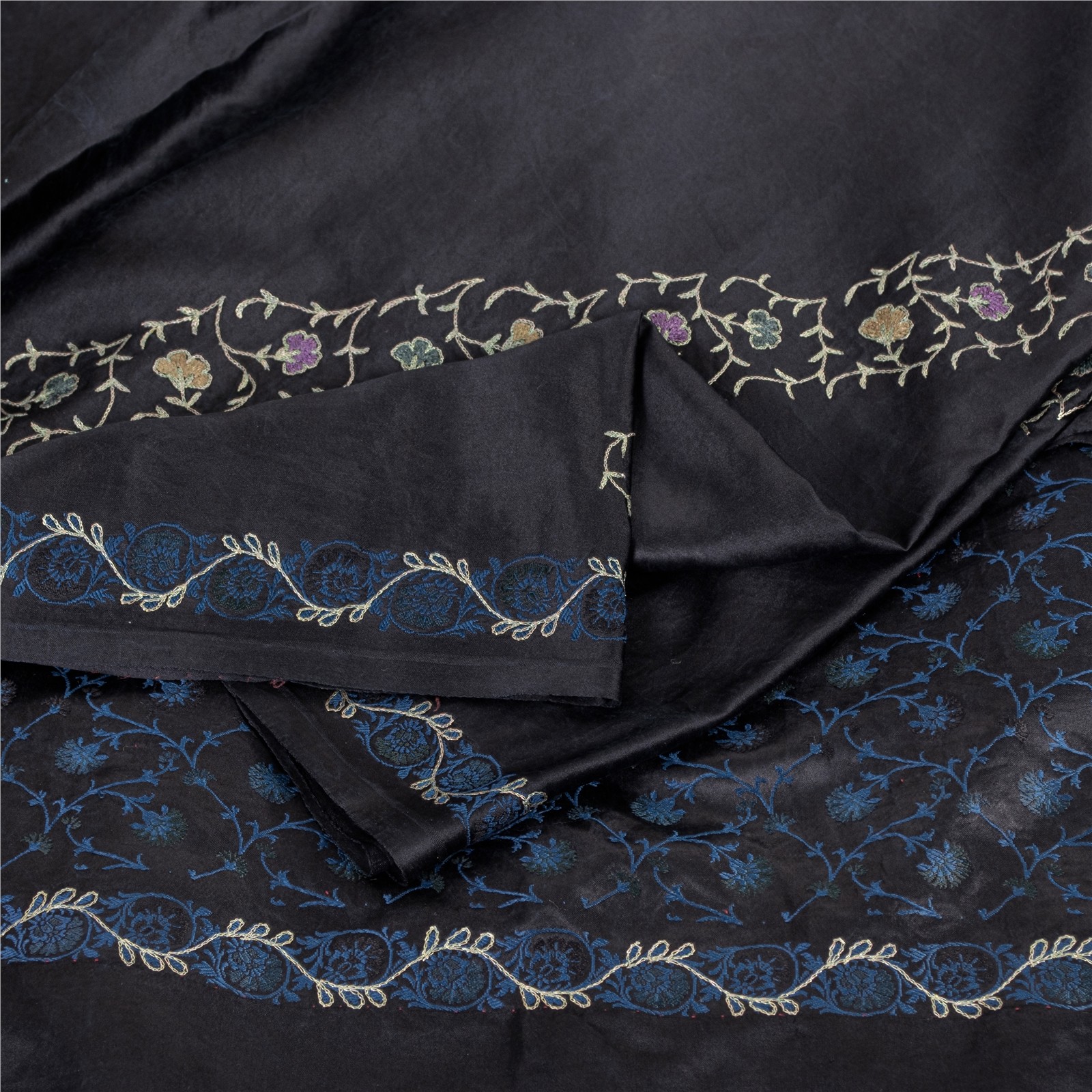 Sanskriti Vintage Sarees Black Embroidered Pure Satin Sari 5+Yd Craft Fabric