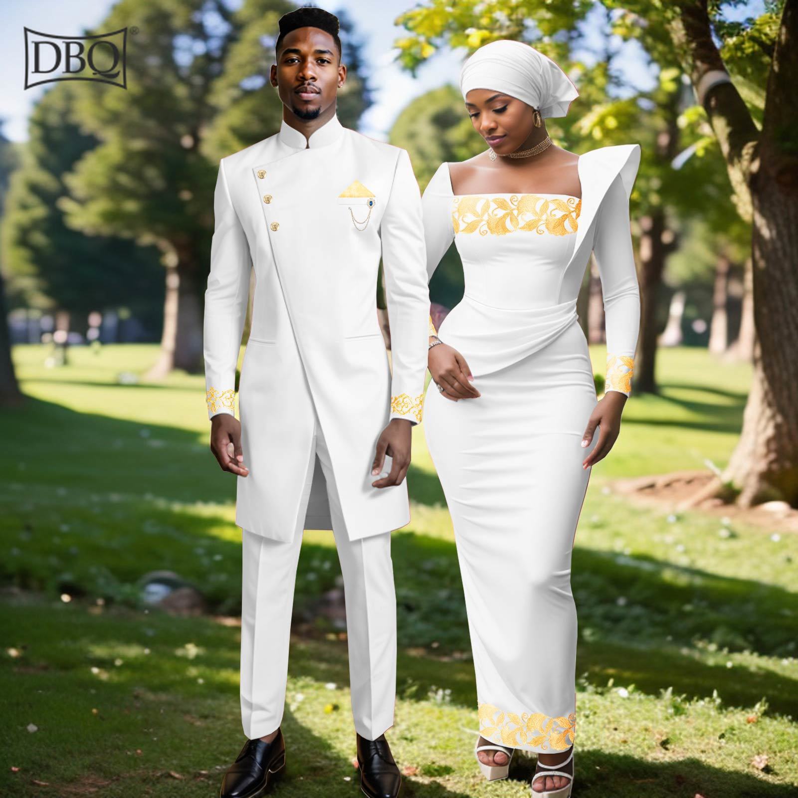 African Clothes for Couple Men`s Blazer Suit and Women`s Maxi Dress + Headscarf