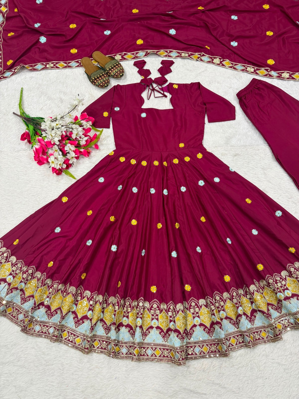 Presenting Natural Crap Maroon Gown Palazzo With Dupatta For Functional Wear