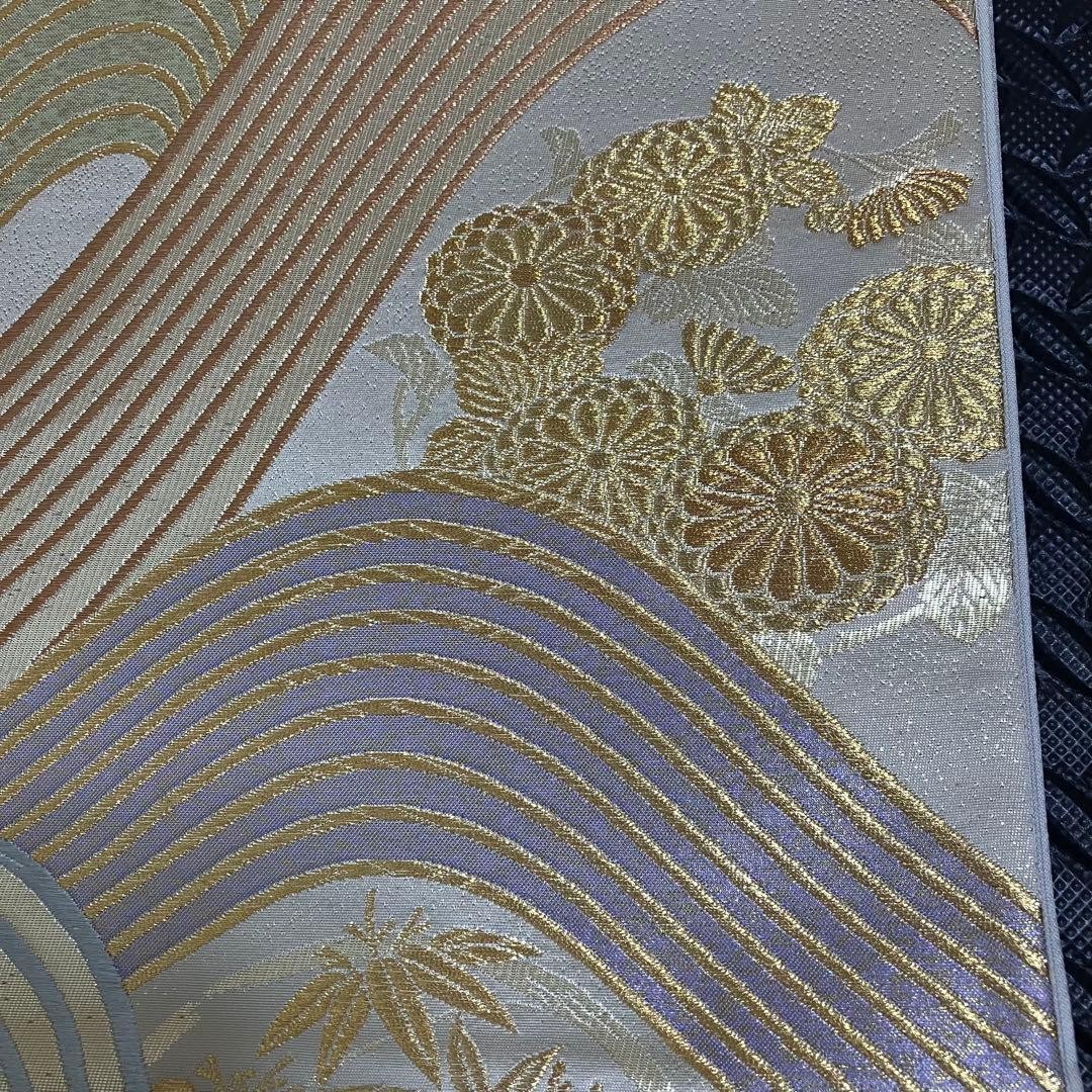 Japanese Silk Fukuro Obi Silver Gold Floral Roundel Curved Line 440 x 30.5 cm
