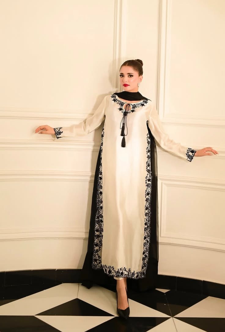 Pakistani Designer White & Black Embroidered Straight Long Suit