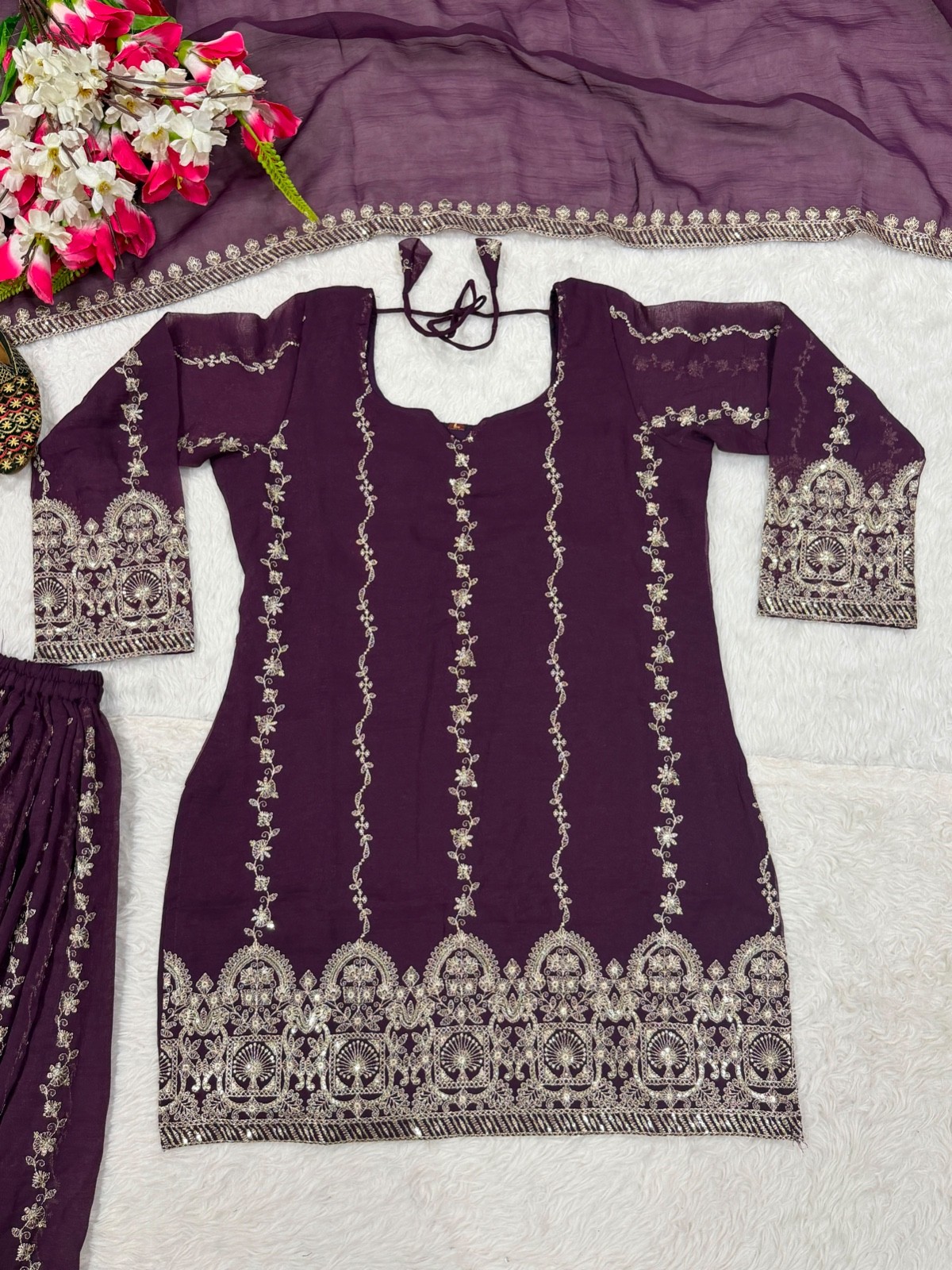 Women’s Crunchy Silk Sharara Suit Set Embroidered Kurta Dupatta Party Wear