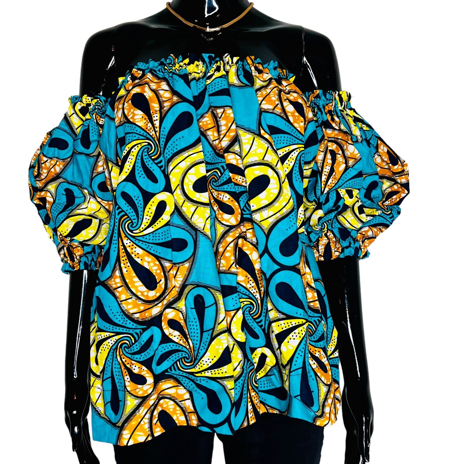 Turquoise & Multicolor Print Off The Shoulder Loose Fits Blouse ￼