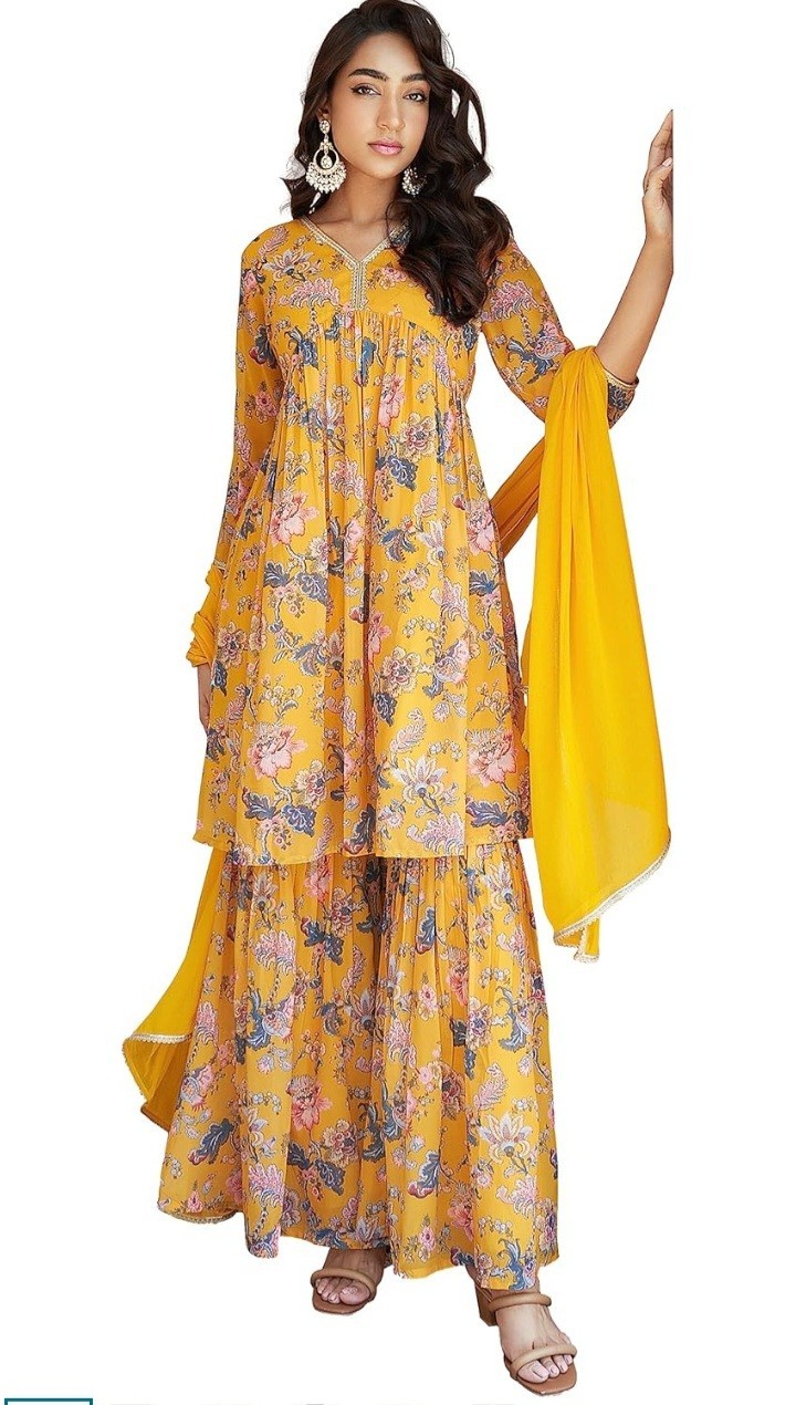 Indian Women’s Flowy Floral Printed Kurta Kurti Top Tunic Festive Wedding Party