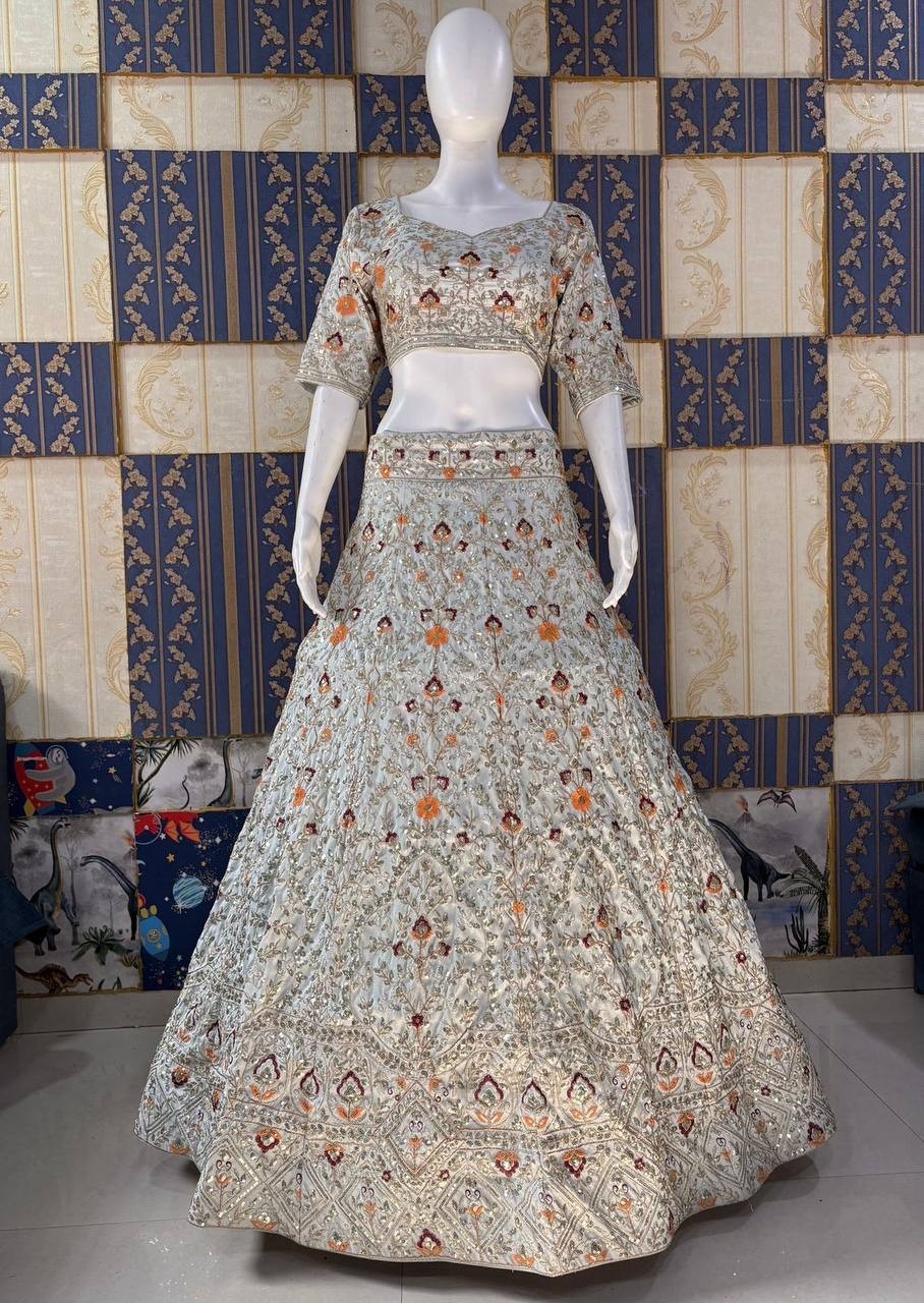 Luxury Satin Silk Lehenga Choli 4m Flare Sequins Work Can-Can Set