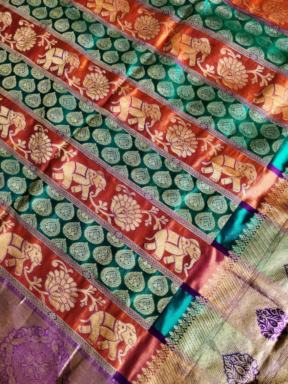 Authentic Pure Silk Dharmavaram Pure Silk Saree Horizontal Panels Green Orange