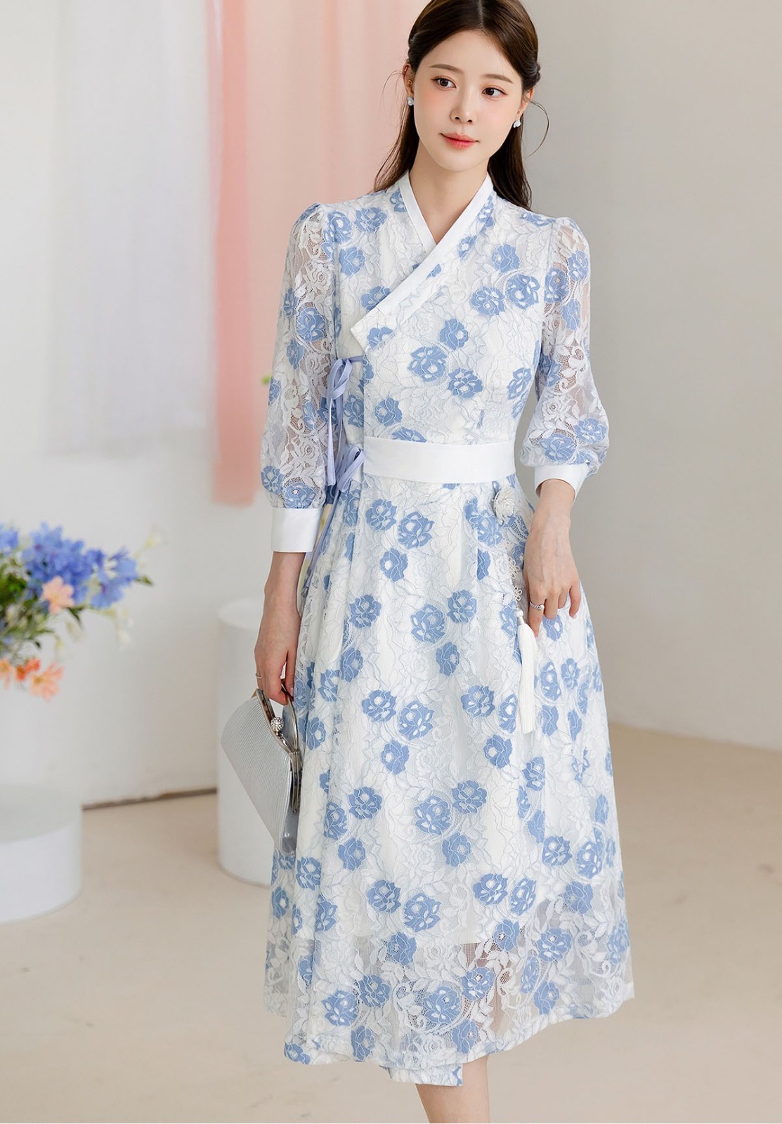 Modern Hanbok Dress Midi Flare One-piece Korean Traditional Style Blue K-Fashion