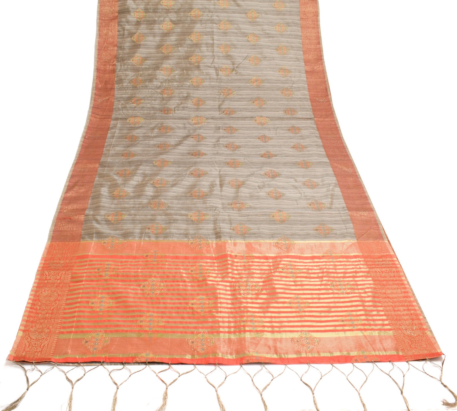 Sushila Vintage Gray Art Silk Saree Zari Woven With Stone Work Sari Craft Fabric