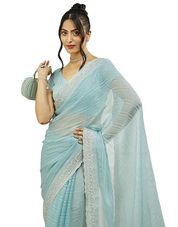 Ready To Wear Shimmer Chiffon Embroidery Stone Work Saree With Blouse Piece