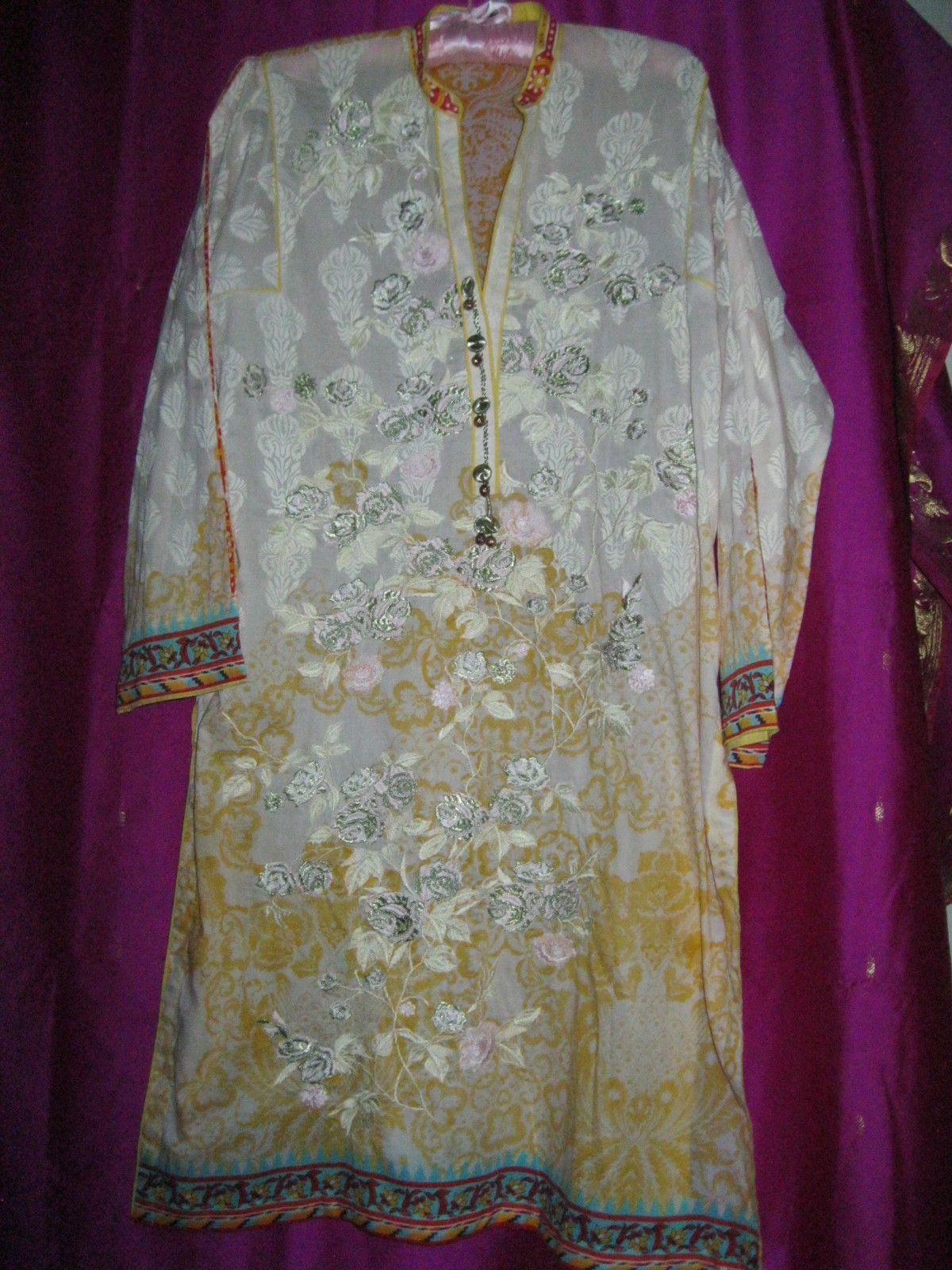INDIA, COTTON DRESS/KURTA, W/ PINK, ORANGE AND SILVER EMB., SZ. S/M