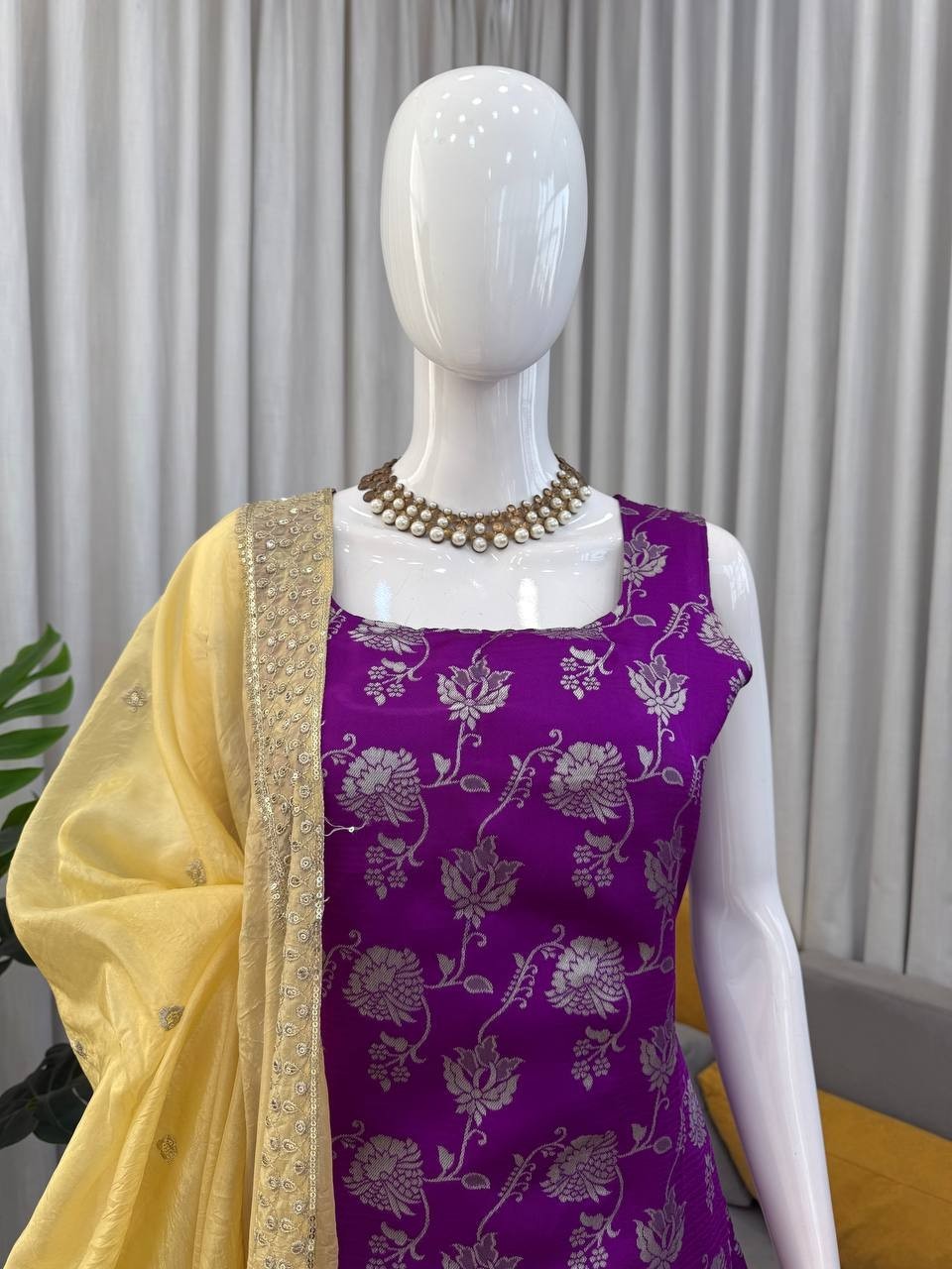 Presenting Latest Jacquard Purple Top Palazzo With Dupatta For Wedding Wear