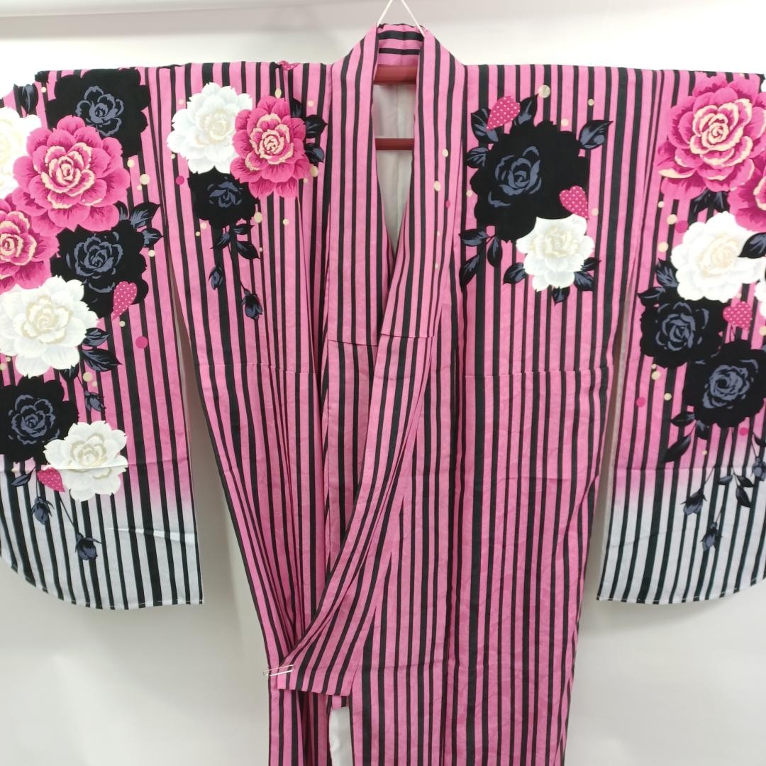 Used Koburisode Japanese Kimono Pink Black Striped Rose Pattern