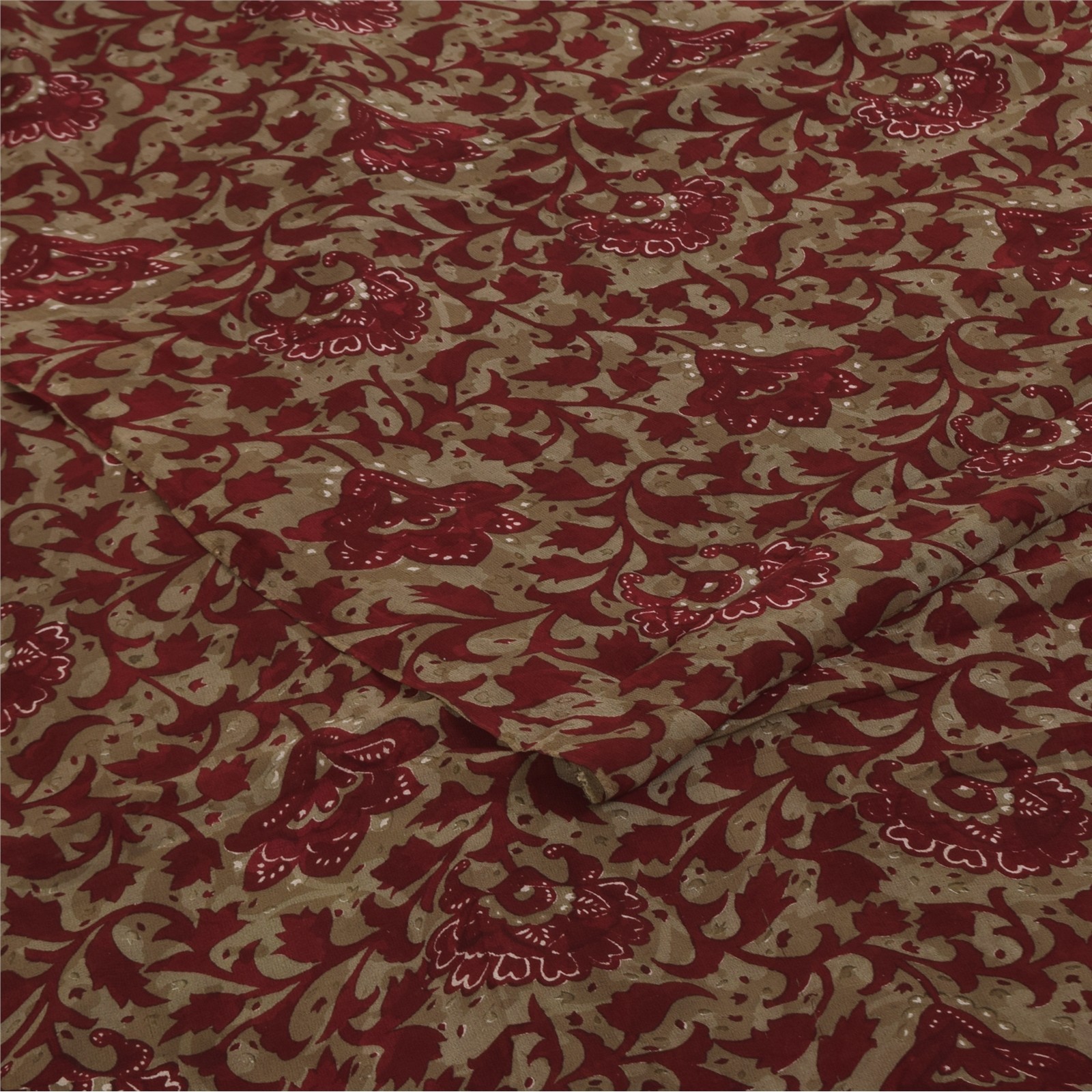 Sanskriti Vintage Sarees Red & Brown Pure Georgette Silk Print Sari 5+Yd Fabric