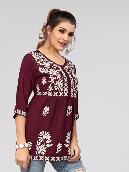 Women’s Floral Embroidered Cotton Empire Top S-2XL – Round Neck Casual Wear