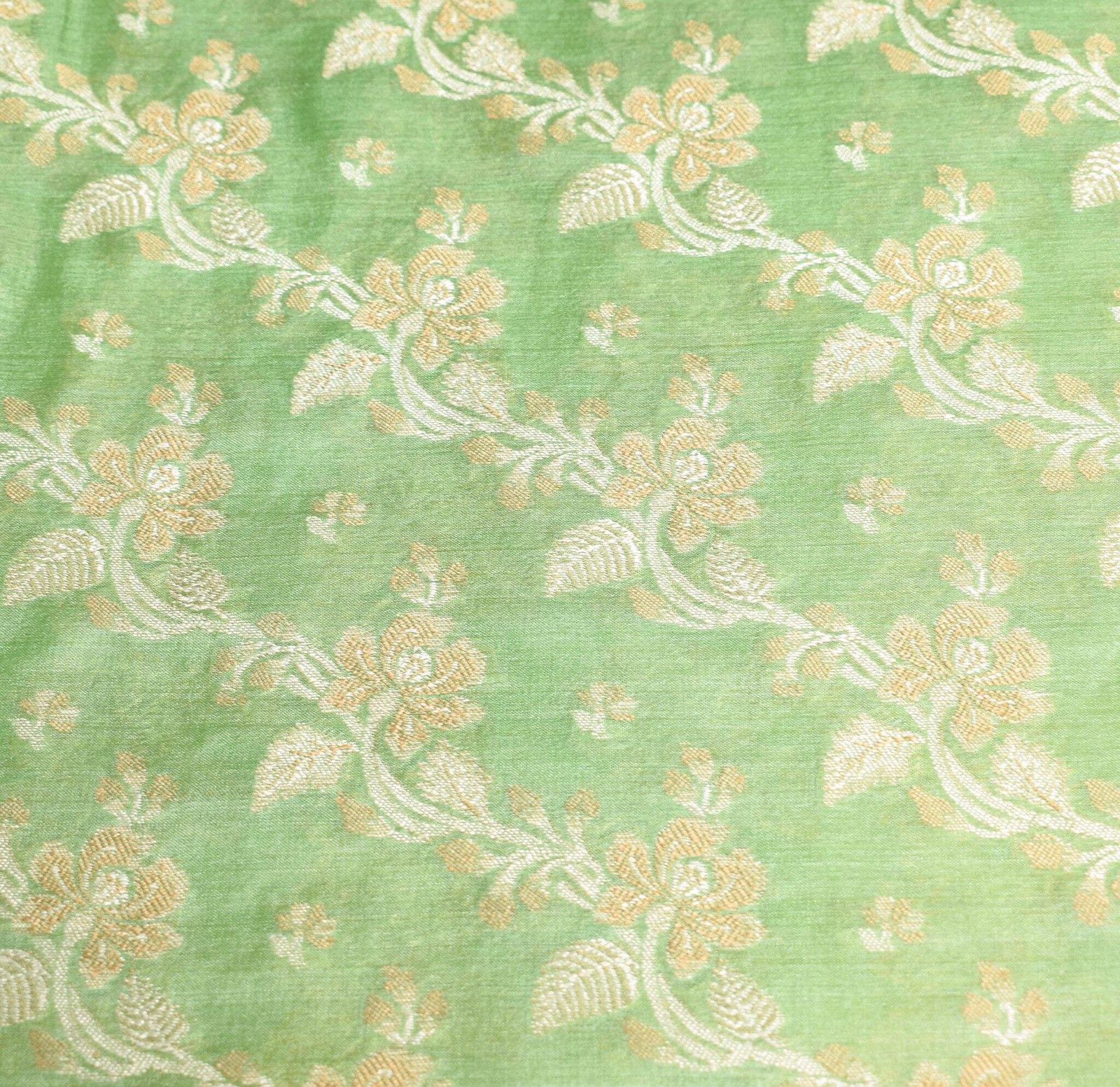 Sushila Vintage Green & Gray Saree Floral Woven 100%Pure Tussar Silk Sari Fabric