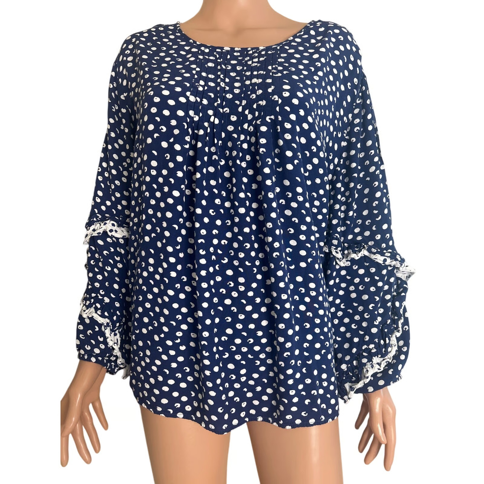 Soft Surroundings White Polka Dot Ruffle sleeve Navy/white Blouse top SZ 3X