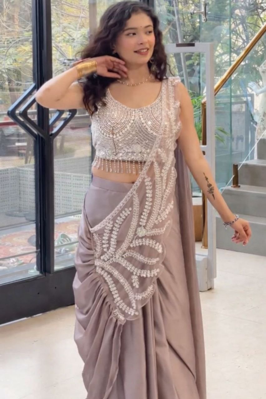 Pre-Drape Ready To Wear Silk Blend Bollywood Stylish Sarees Stitched Blouse Sari
