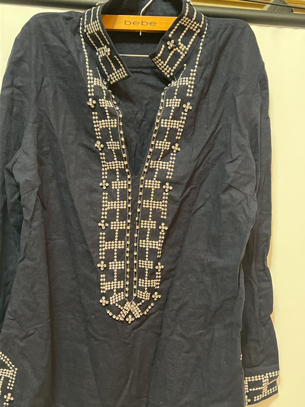 Women’s Navy Blue Indian Kurta Tunic Top Ethnic Embellished Side Zip