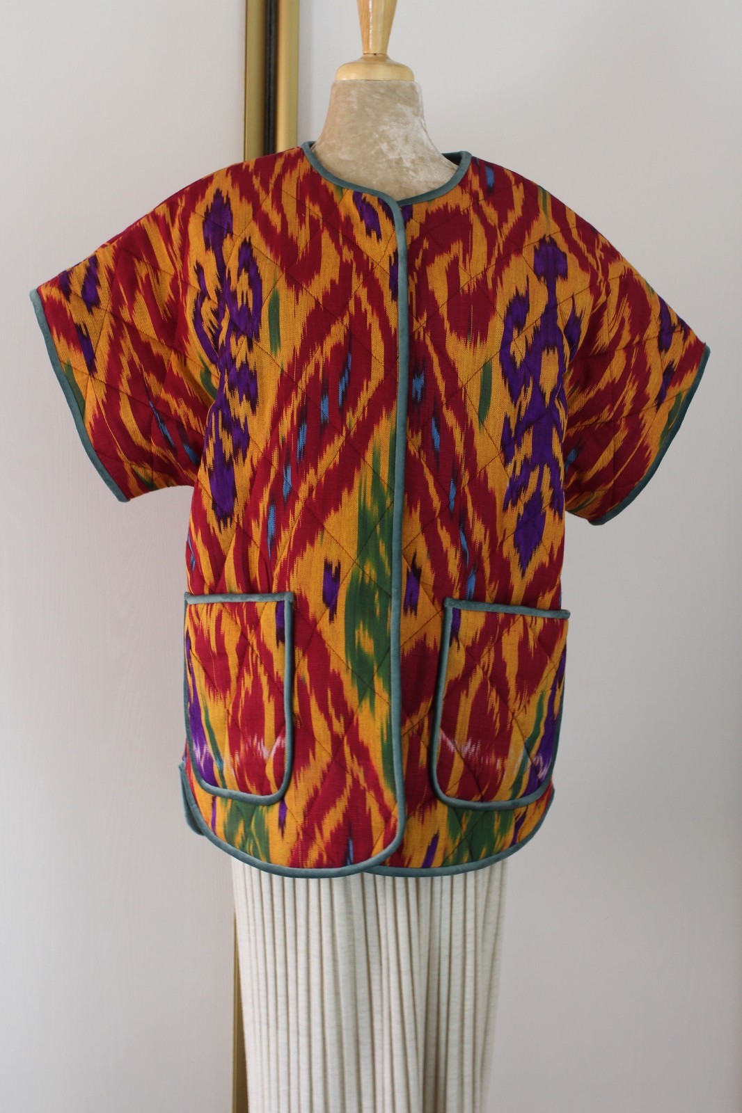 Handmade Ikat Quilted Jacket Uzbek Cotton OOAK Boho Kimono Vest Belt Pockets