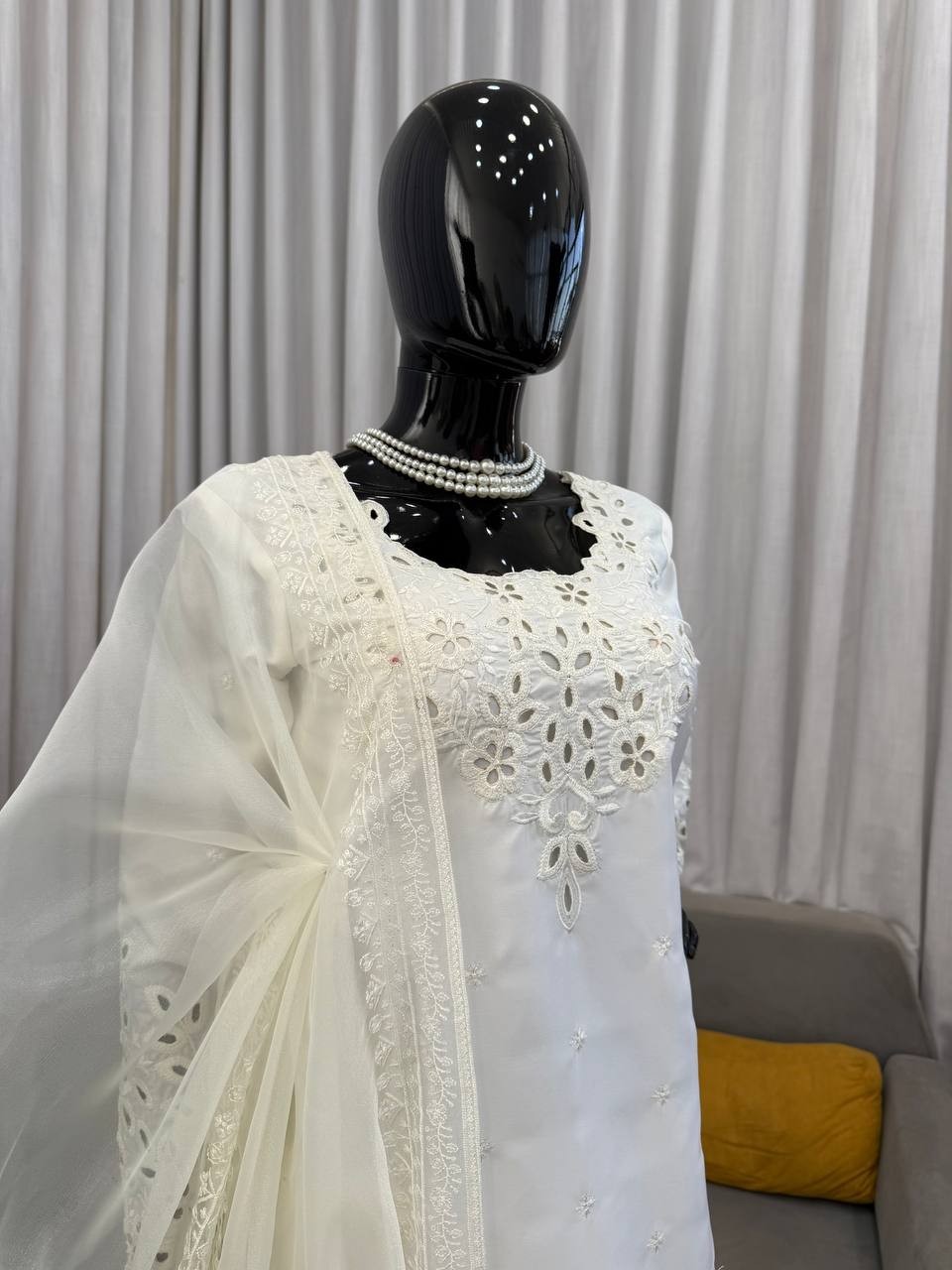 Ethnic Wear Natural Crep White Top Bottom With Dupatta For Women And Girls
