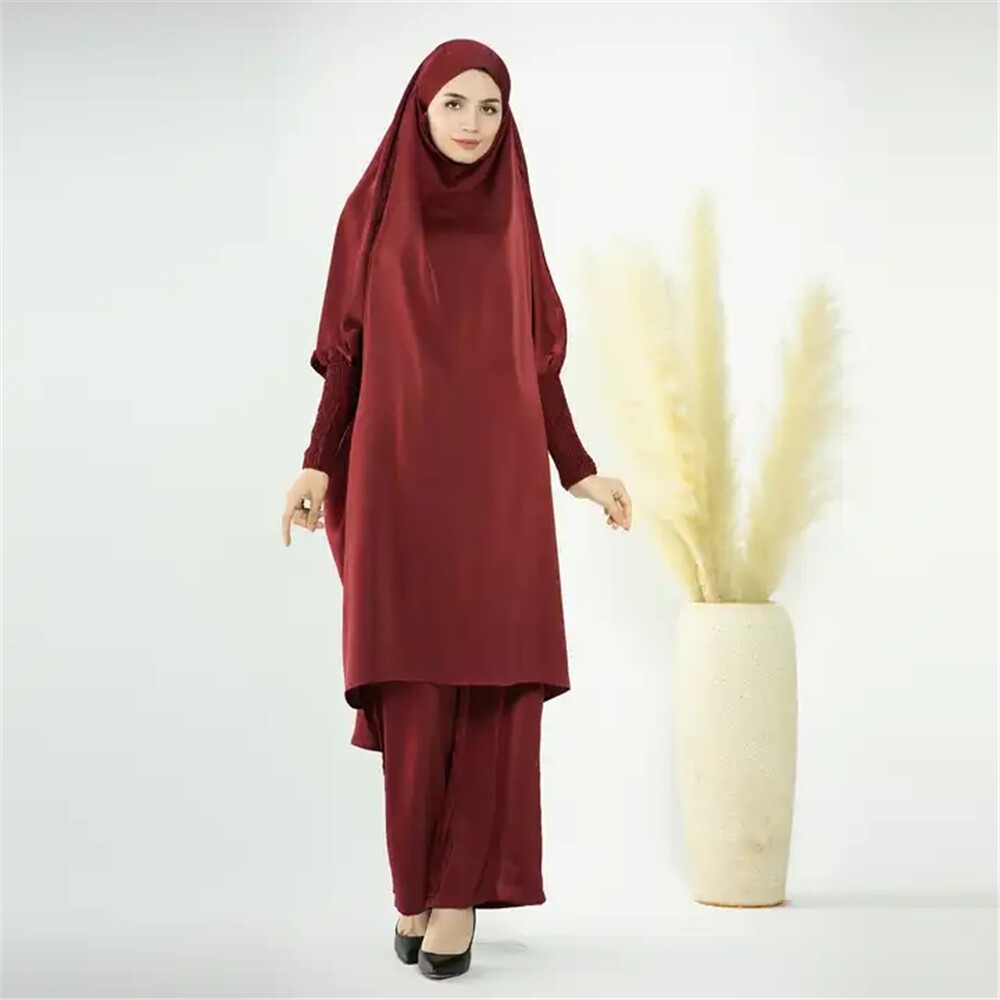 2pcs Set Abaya Women Muslim Prayer Tops Wide Leg Pant Prayer Khimar Islamic Arab