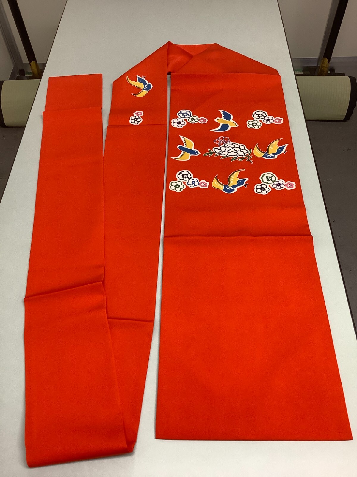 Japanese Vintage Kimono Nagoya Obi polyester red flower bird tradition 140x12in