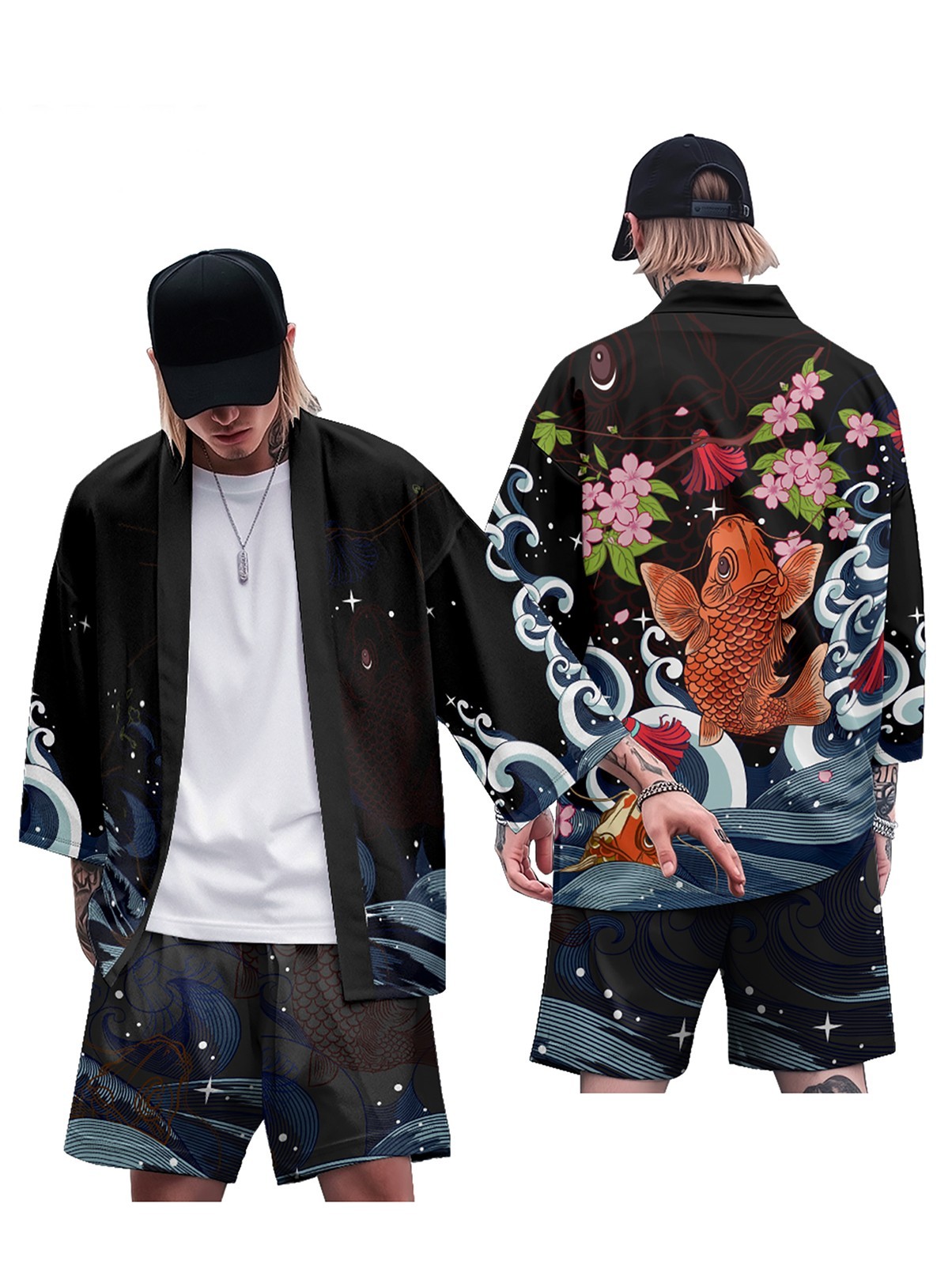 Niepce Japanese Graphic Kimono Cardigan Shirt with Lightweight Streetwear Shorts