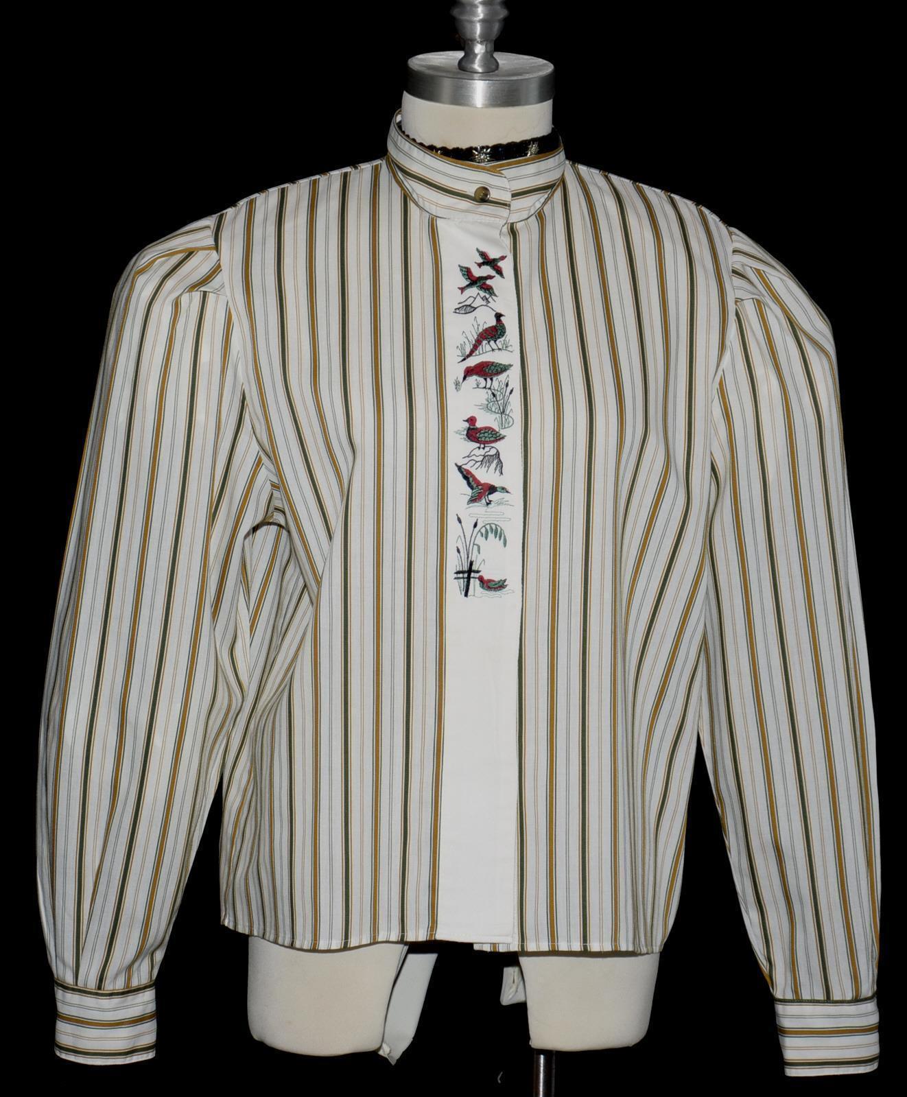 M Bust41″ Women Shirt Blouse Striped Embroidery Top Long Sleeve Hunting Ducks