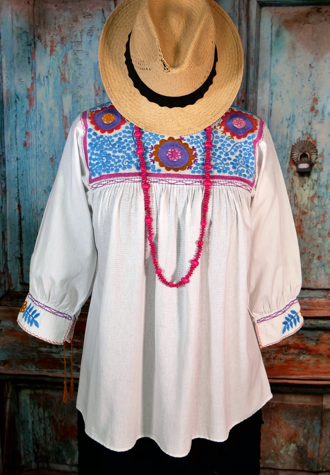 Peasant Blouse Hand Embroidered Flowers White Cotton Fabric Mayan Chiapas Mexico