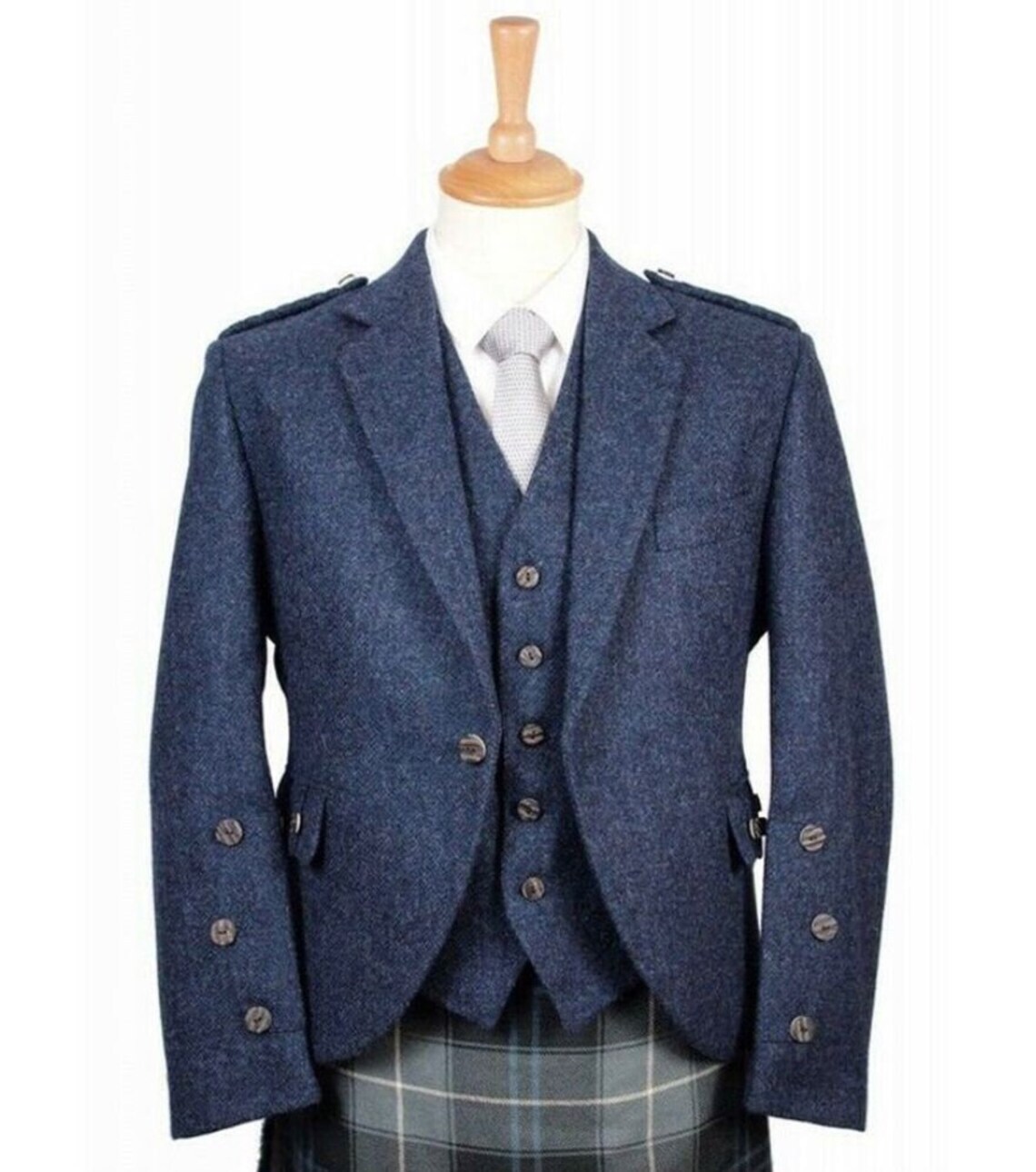 Blue serge Argyle jacket with 5 button waistcoat wedding kilt jacket