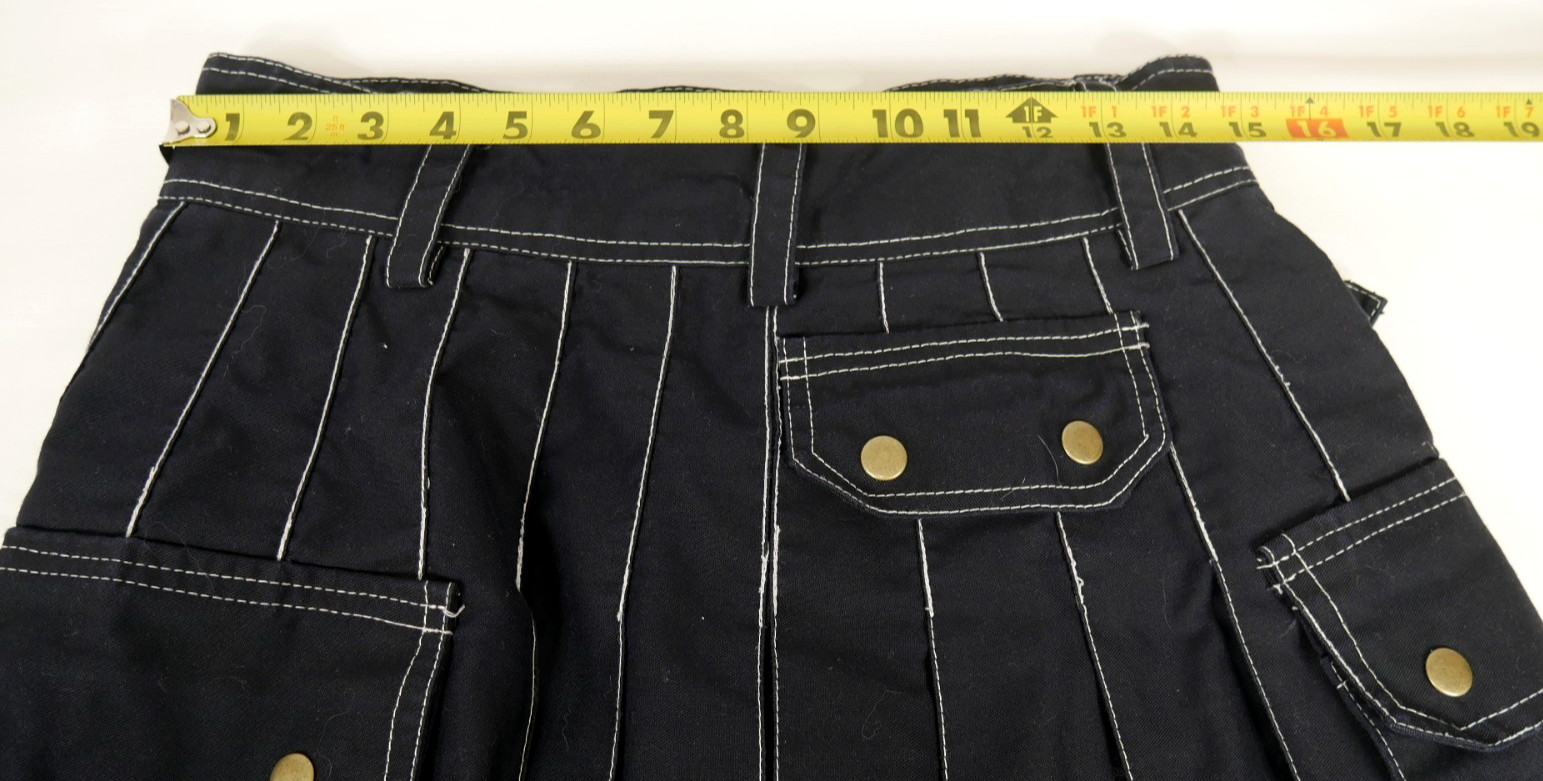 Black Utility Kilt Cargo Pockets White Stitching Snaps 100% Cotton Adult Size 30