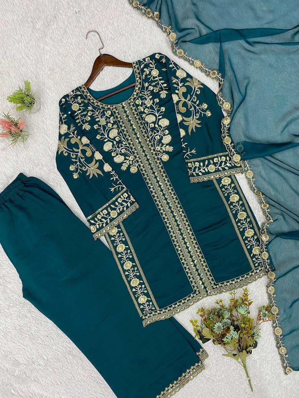 New Designer Teal Blue Roman Kurta Palazzo With Dupatta For Wedding Wear