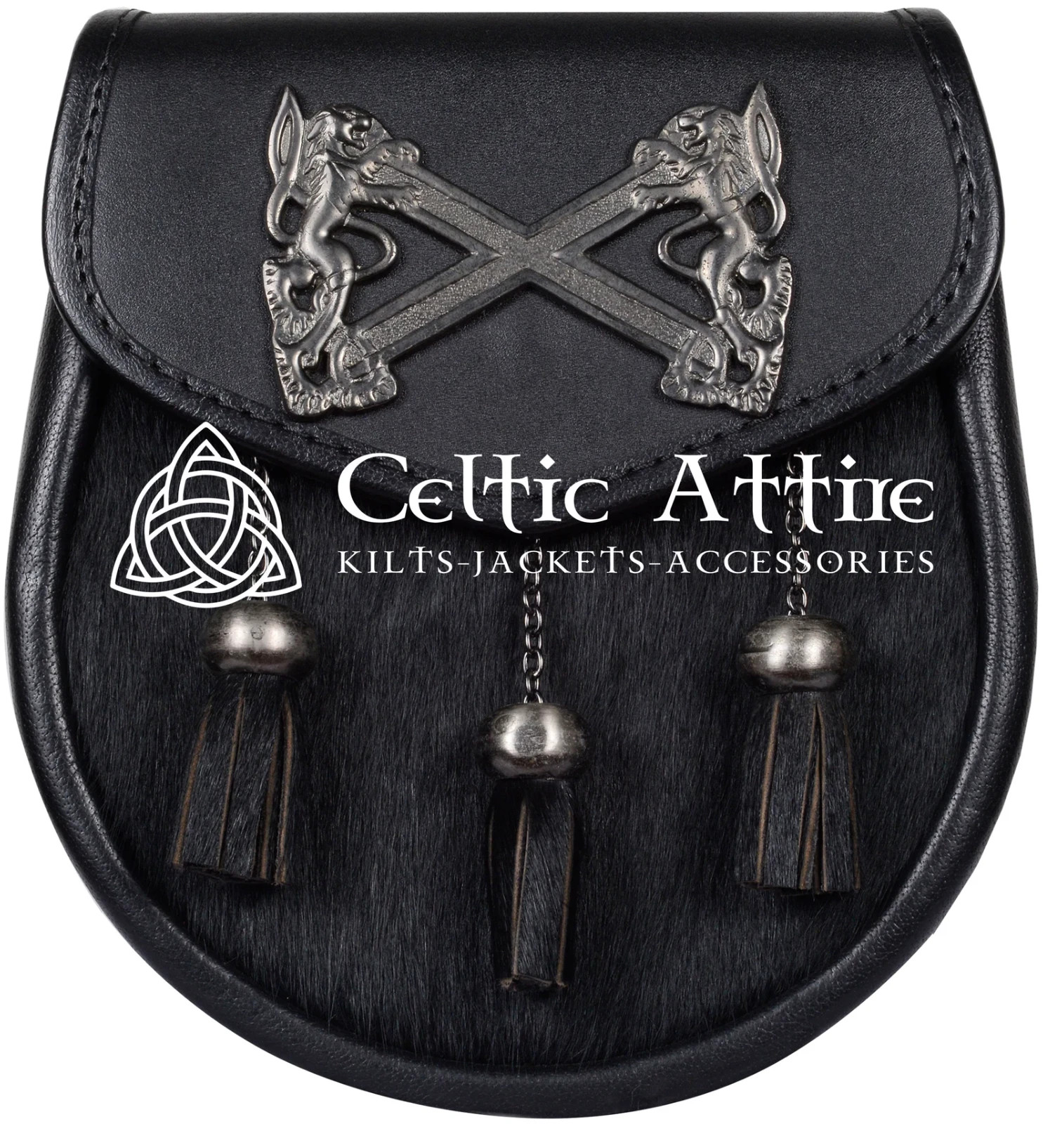 Scottish Semi Dress Sporran Black Genuine Leather Hair Rampant Lion 3 Tassel