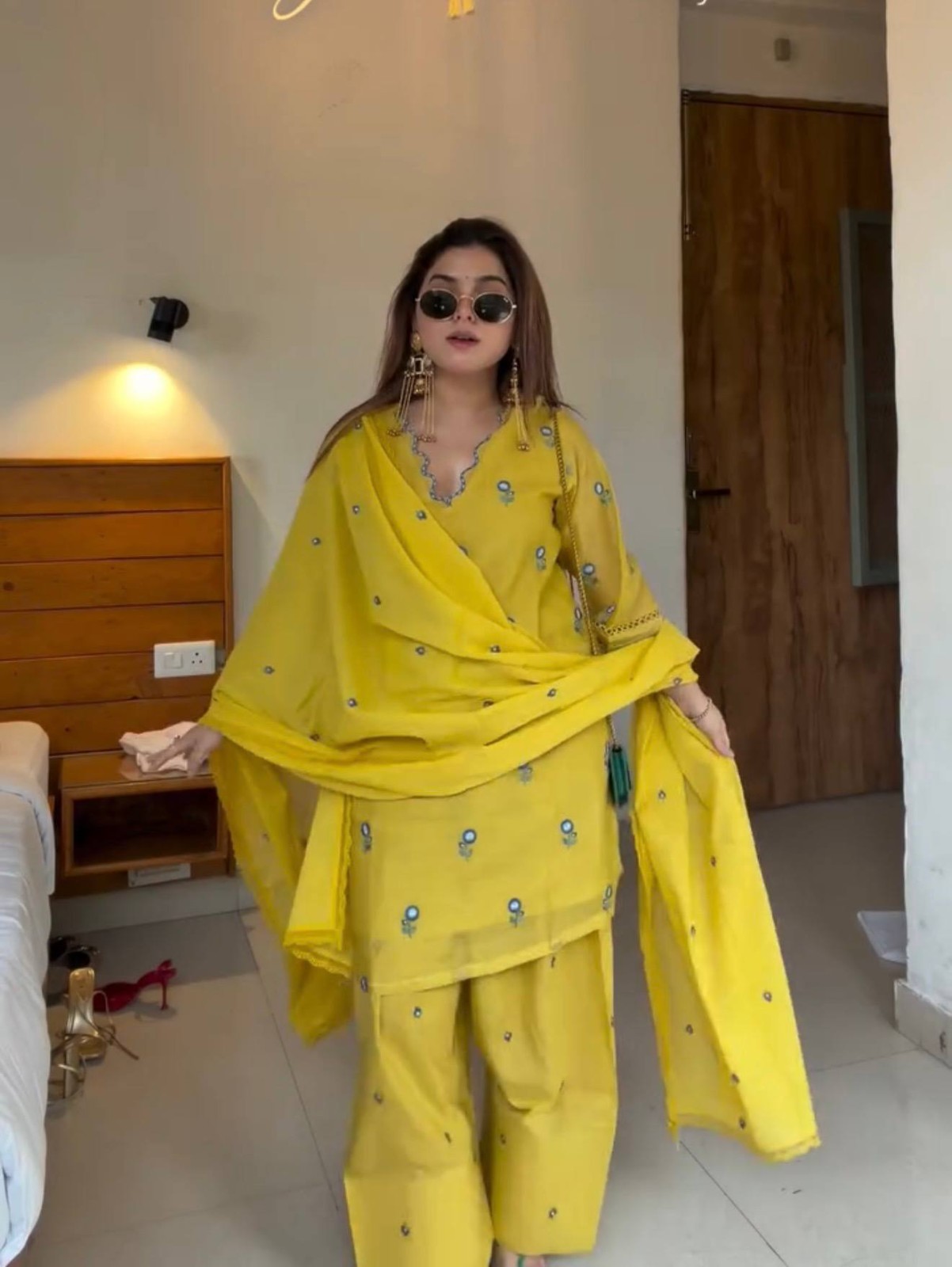 New Latest Mul Chanderi Yellow Top Palazzo With Dupatta For Ethnic Party Wear