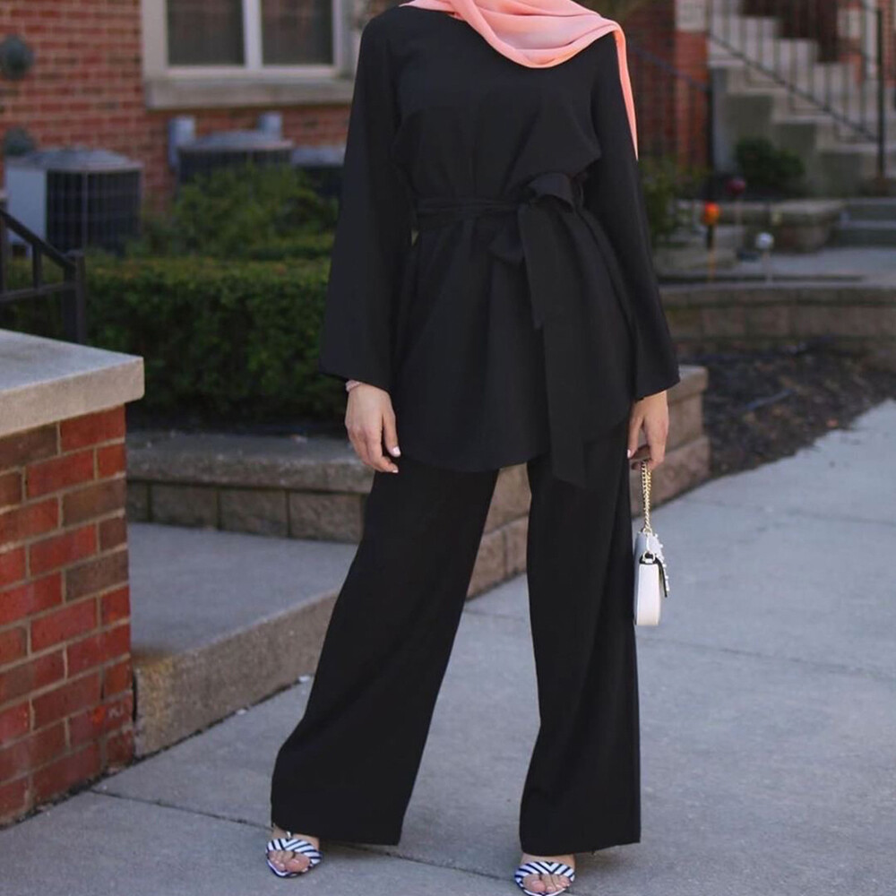 2 Piece Set Muslim Women Casual Long Sleeve Tops Blouse Wide Leg Pants Abaya