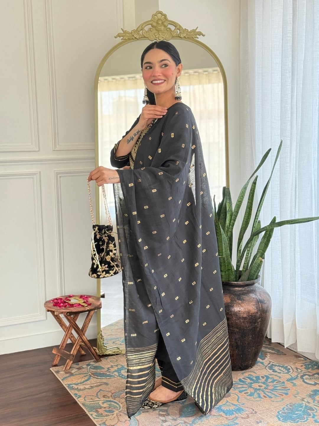 Women’s Black Embroidered Cotton Slub Fabric Straight Kurta, Pant and Dupatta