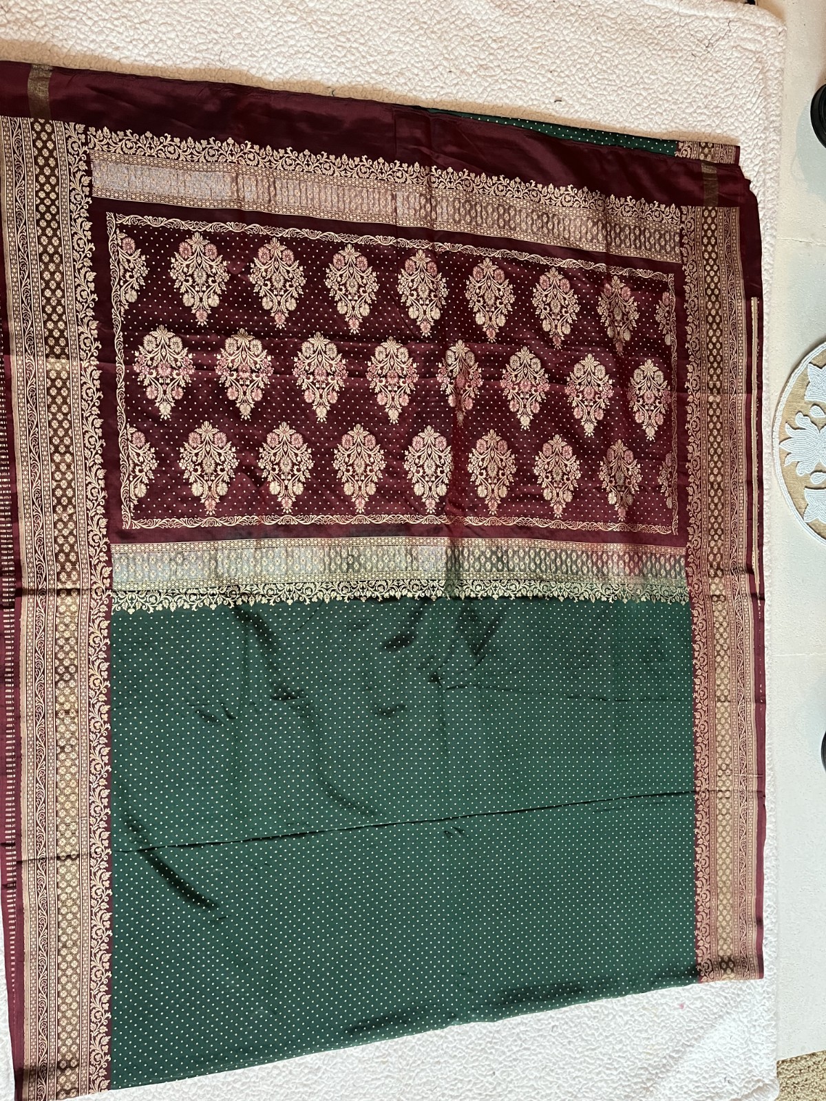 Women Pure Silk Bottle Green & Wine Banarasi Saree with Zari Butis & Blouse
